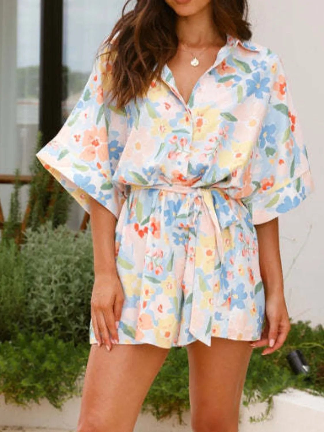 Printed Half Sleeve Tie Waist Romper - MAD RUFFI