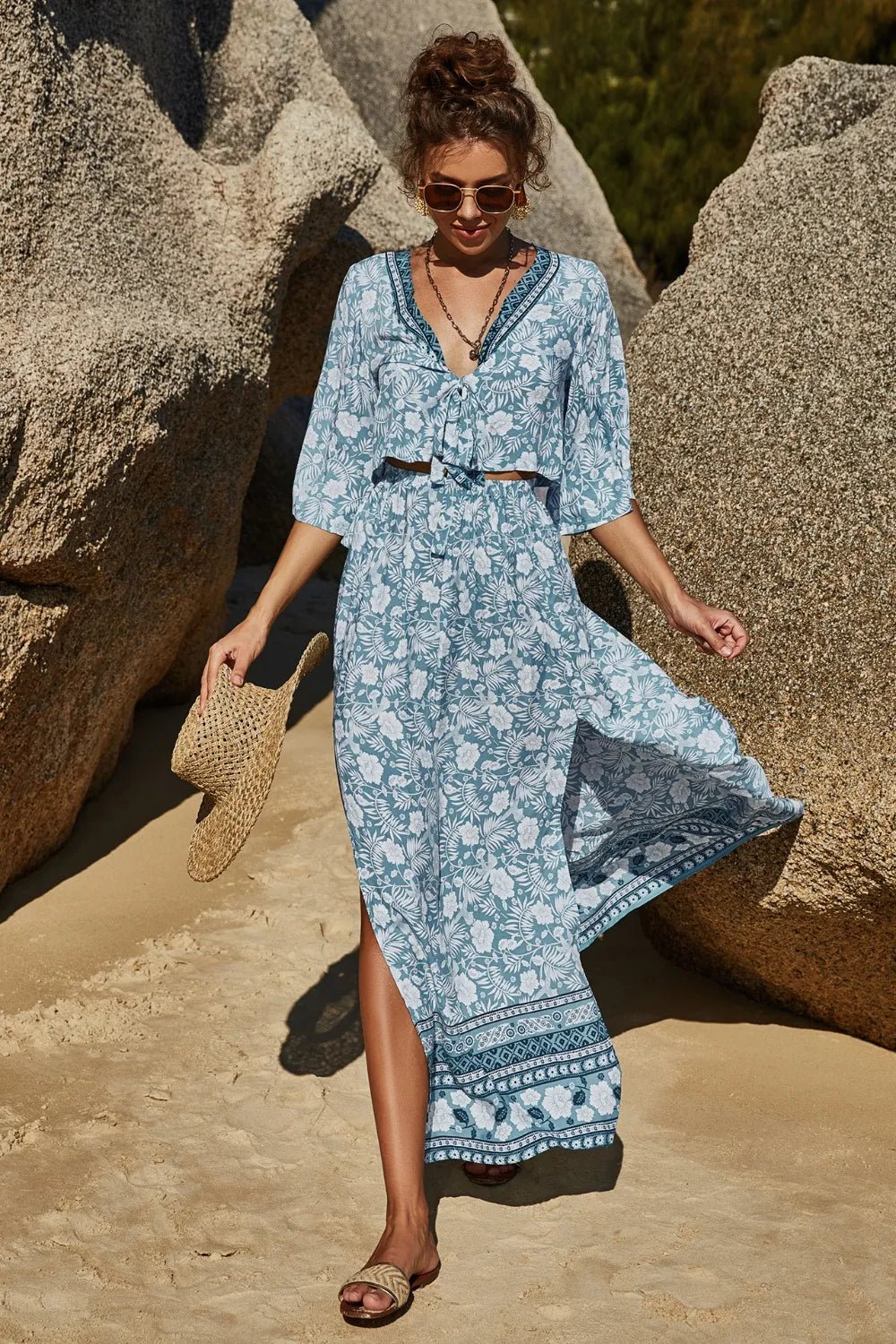 Printed Half Sleeve Top and Slit Skirt Set - MAD RUFFI