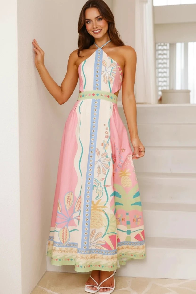 Printed Halter Neck Maxi Dress - MAD RUFFI