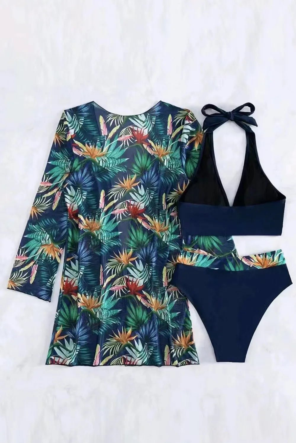 Printed Halter Neck Three - Piece Swim Set - MAD RUFFI