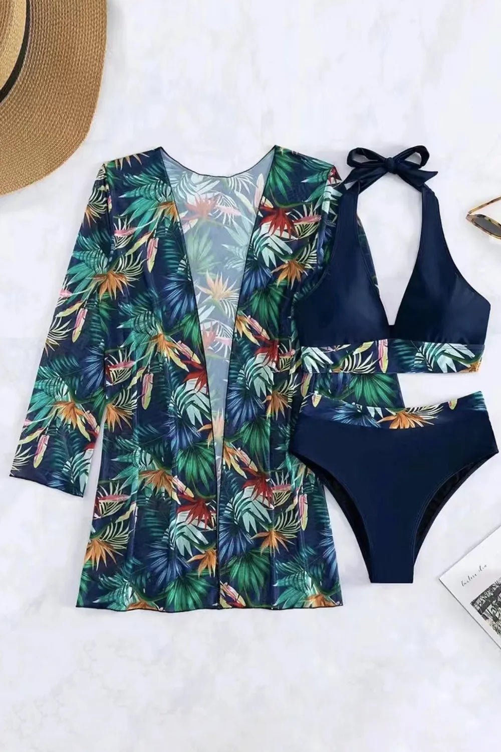 Printed Halter Neck Three - Piece Swim Set - MAD RUFFI
