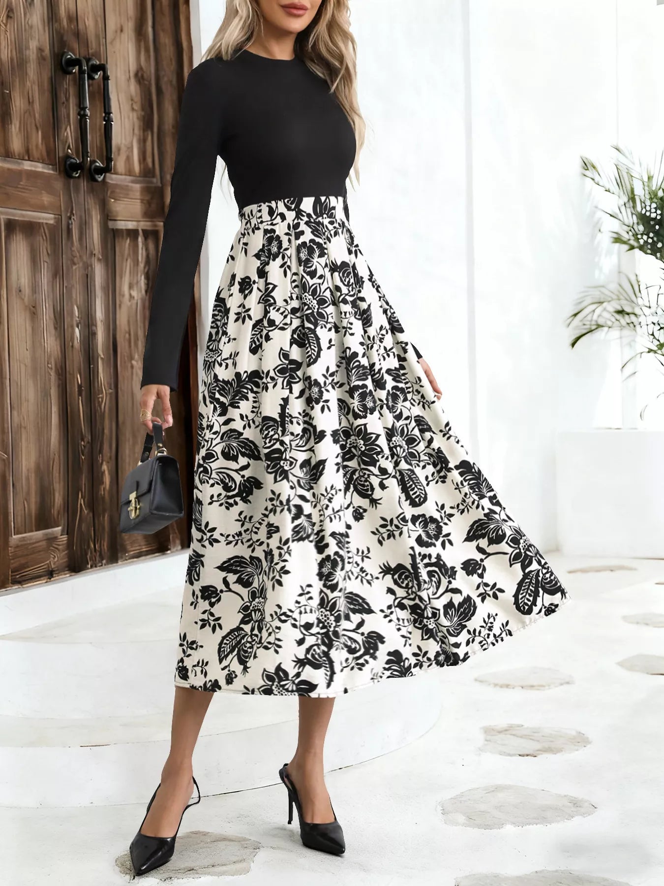 Printed Long Sleeve Midi Dress - MAD RUFFI
