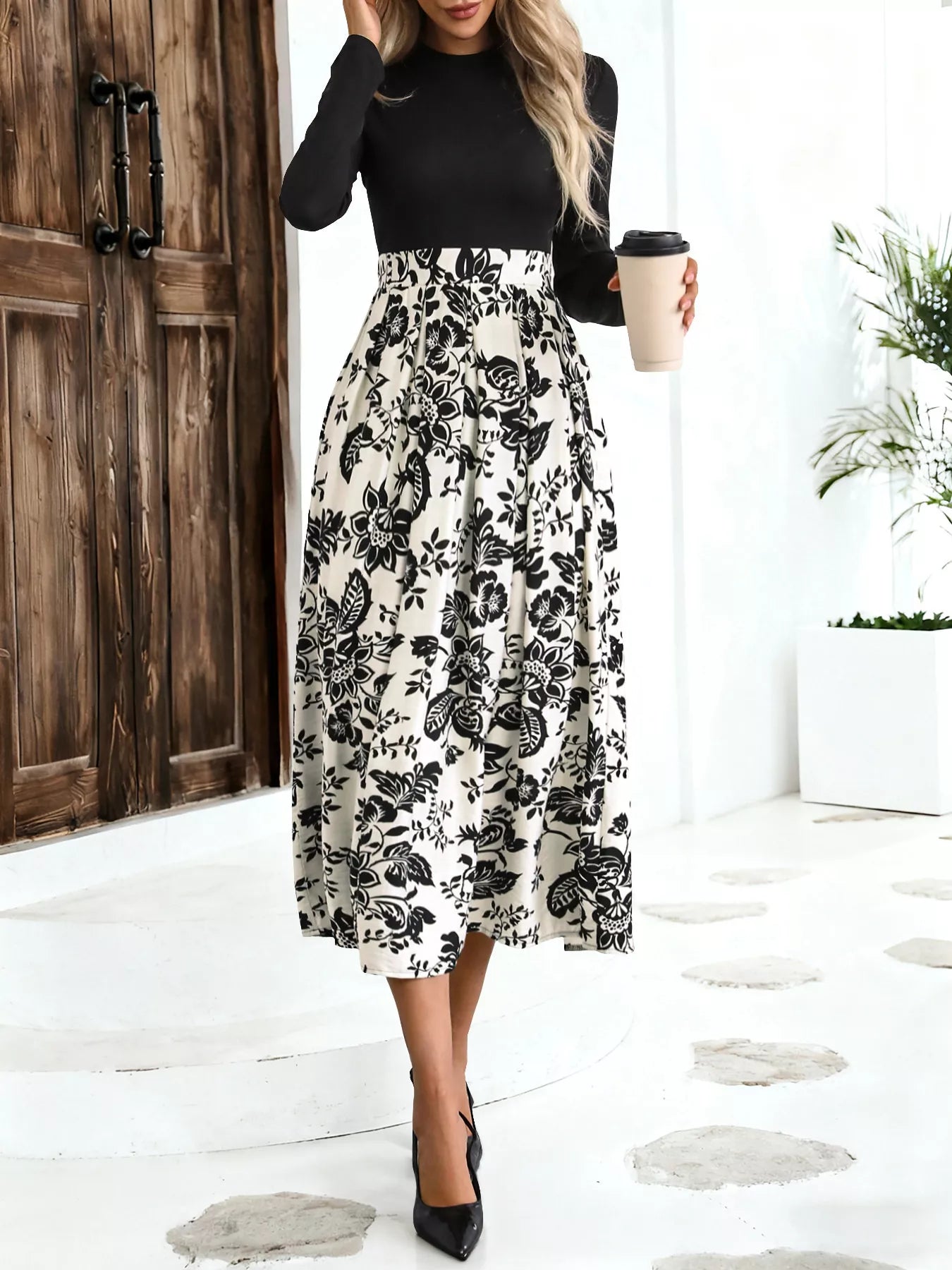 Printed Long Sleeve Midi Dress - MAD RUFFI