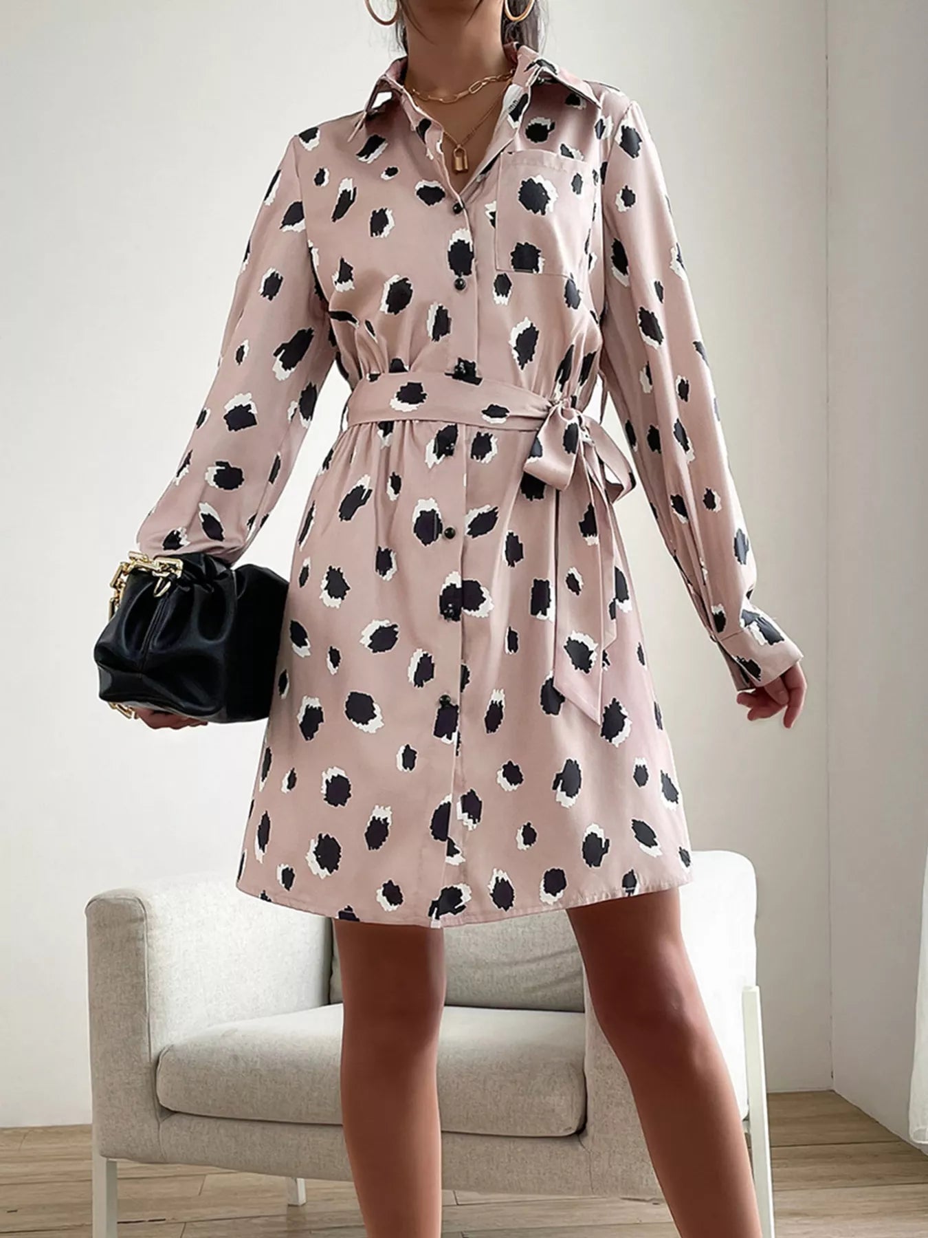 Printed Long Sleeve Mini Shirt Dress - MAD RUFFI