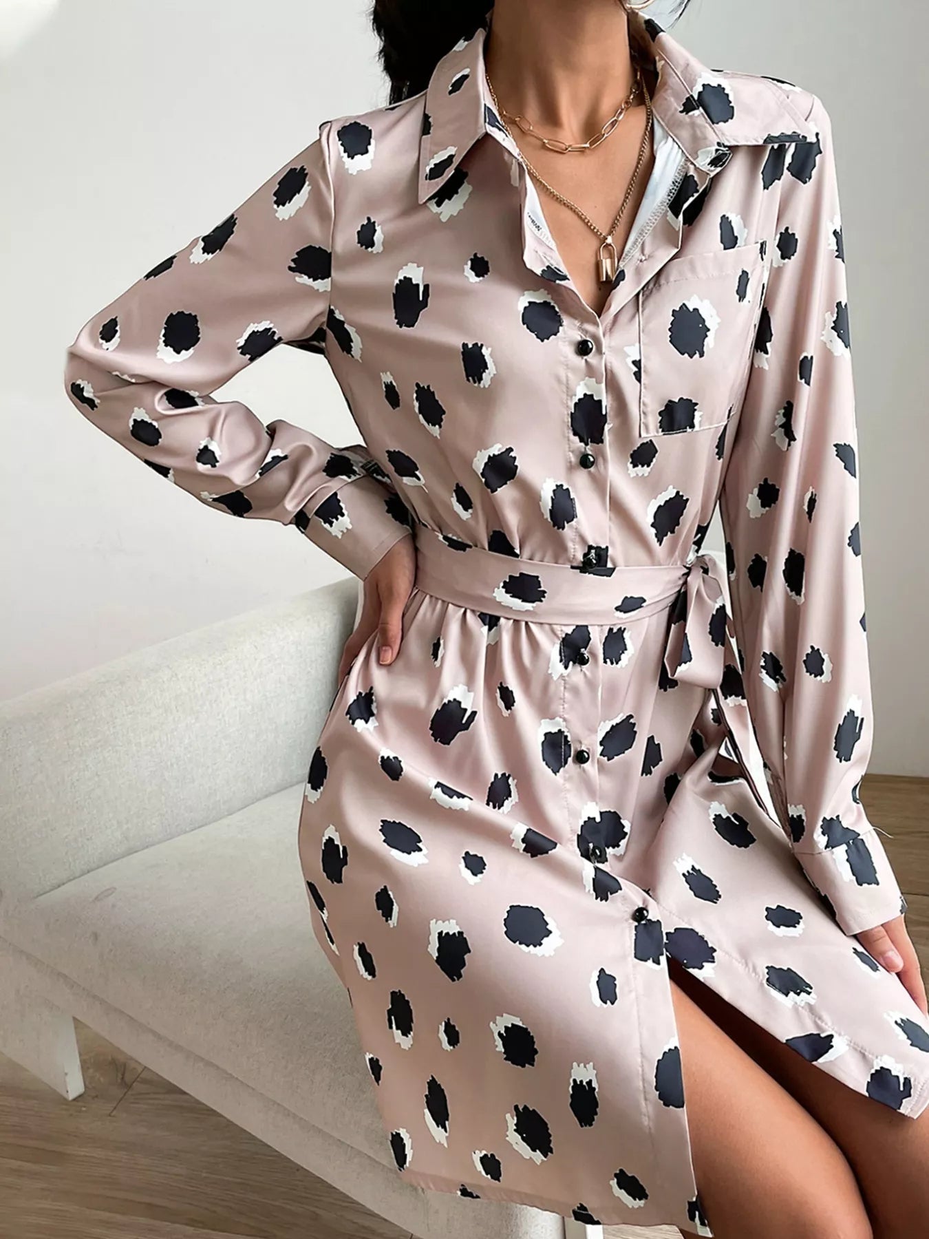 Printed Long Sleeve Mini Shirt Dress - MAD RUFFI