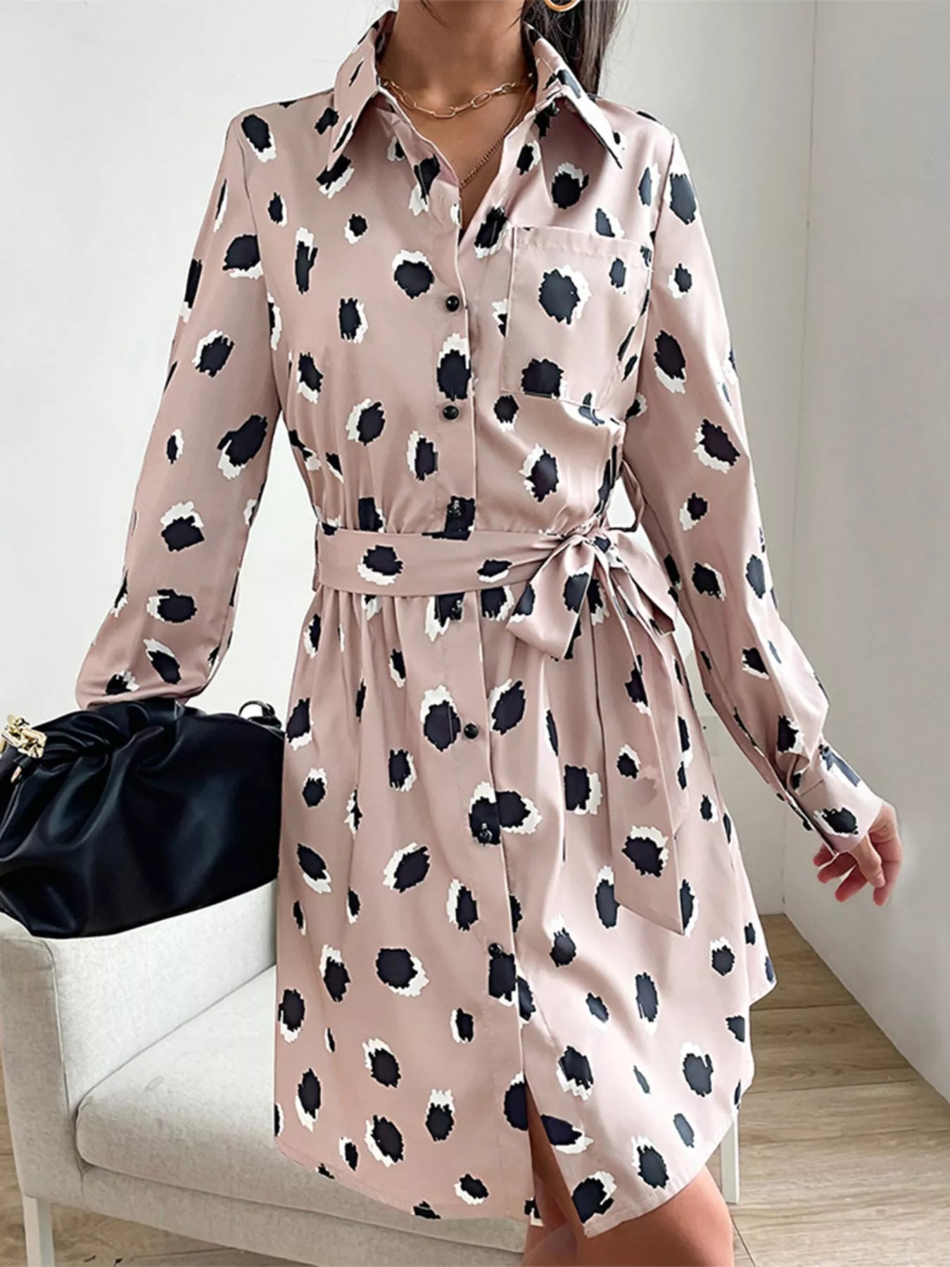 Printed Long Sleeve Mini Shirt Dress - MAD RUFFI