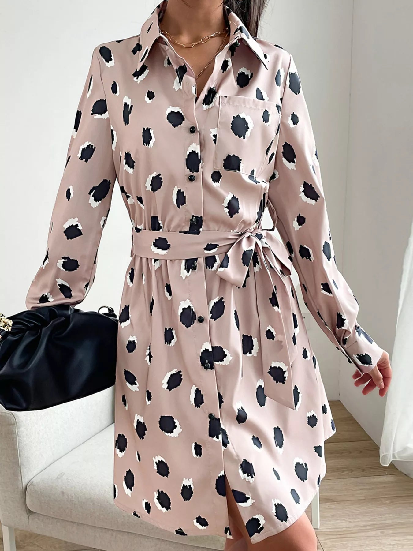 Printed Long Sleeve Mini Shirt Dress - MAD RUFFI