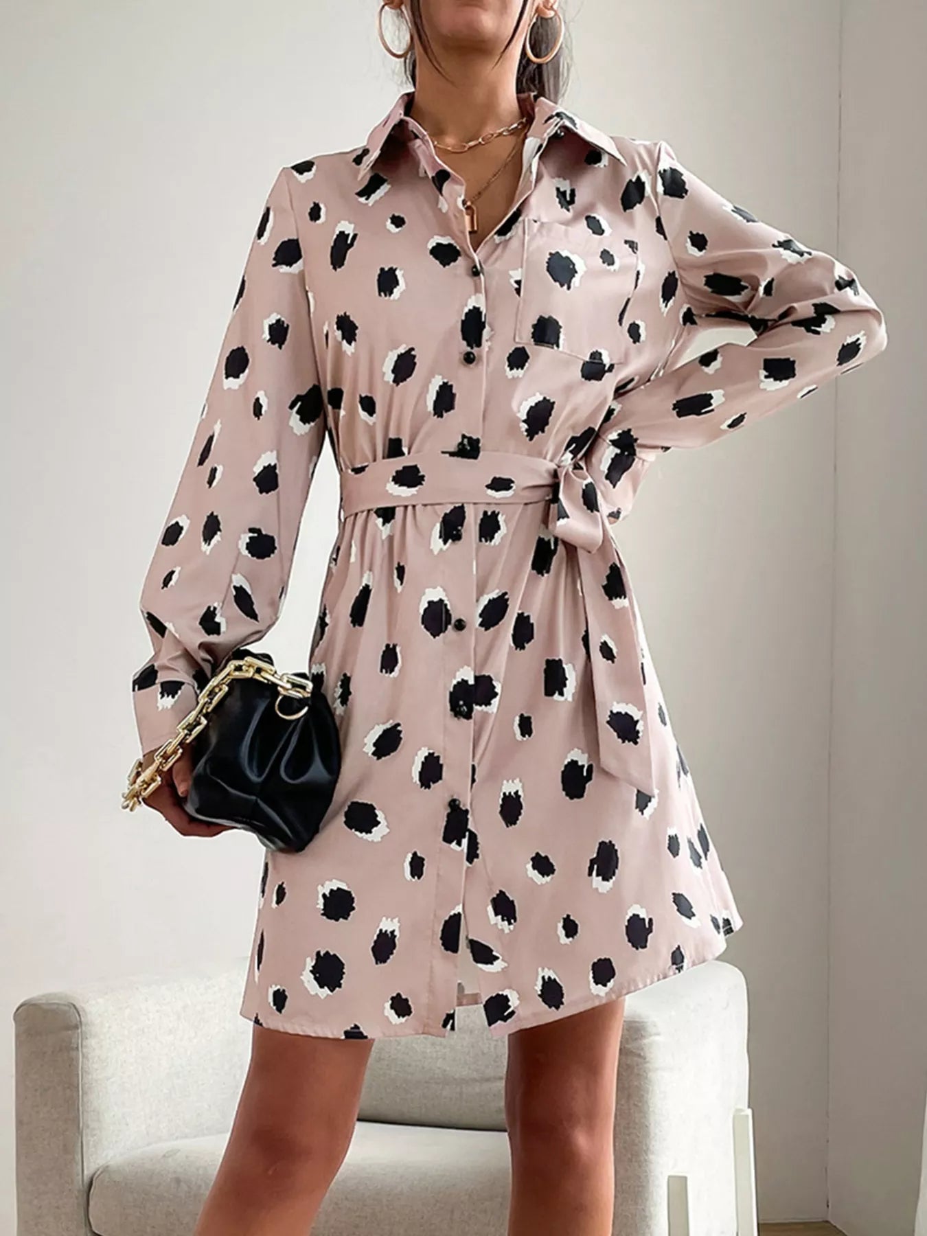 Printed Long Sleeve Mini Shirt Dress - MAD RUFFI