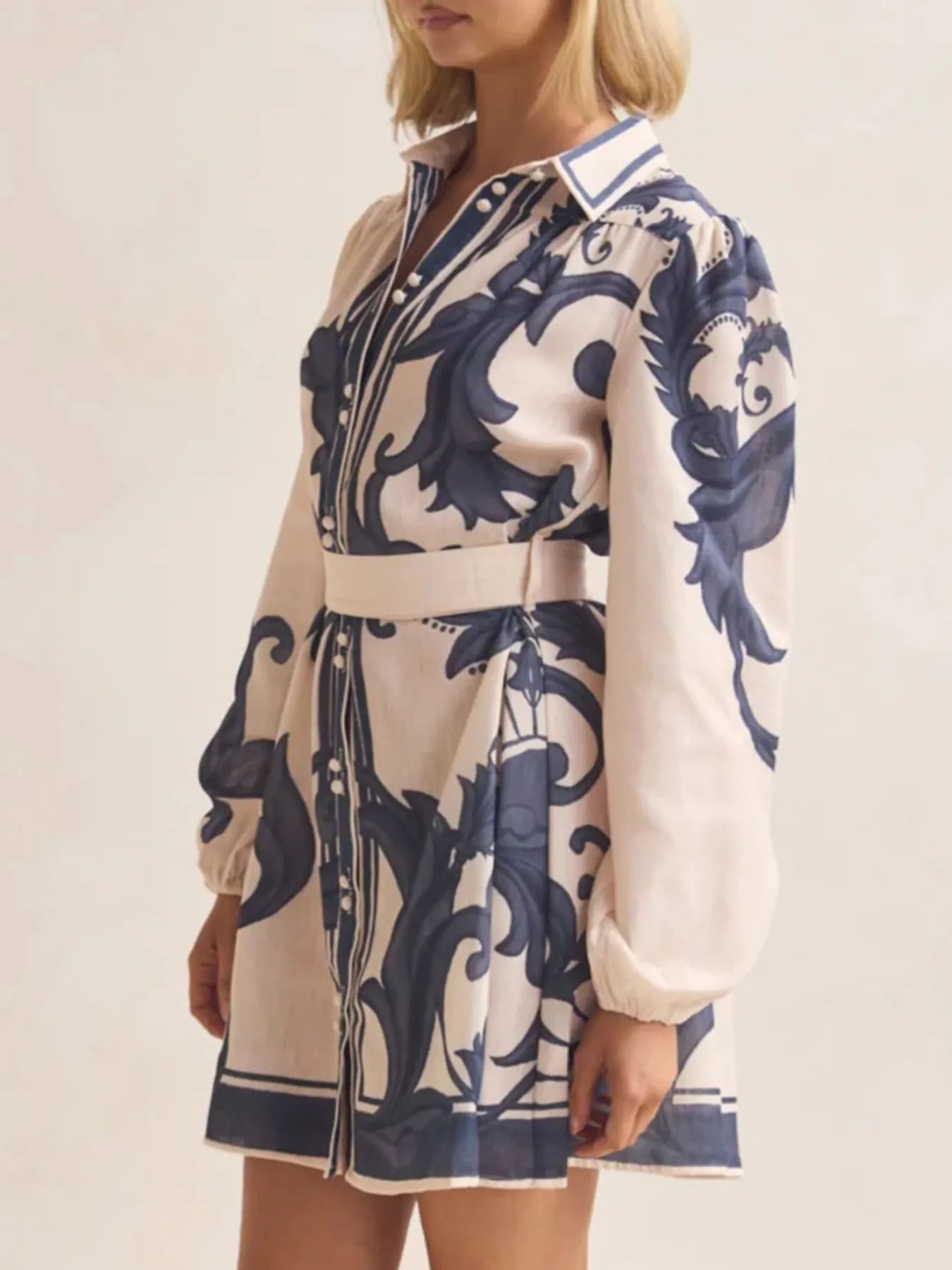 Printed Long Sleeve Shirt Dress - MAD RUFFI