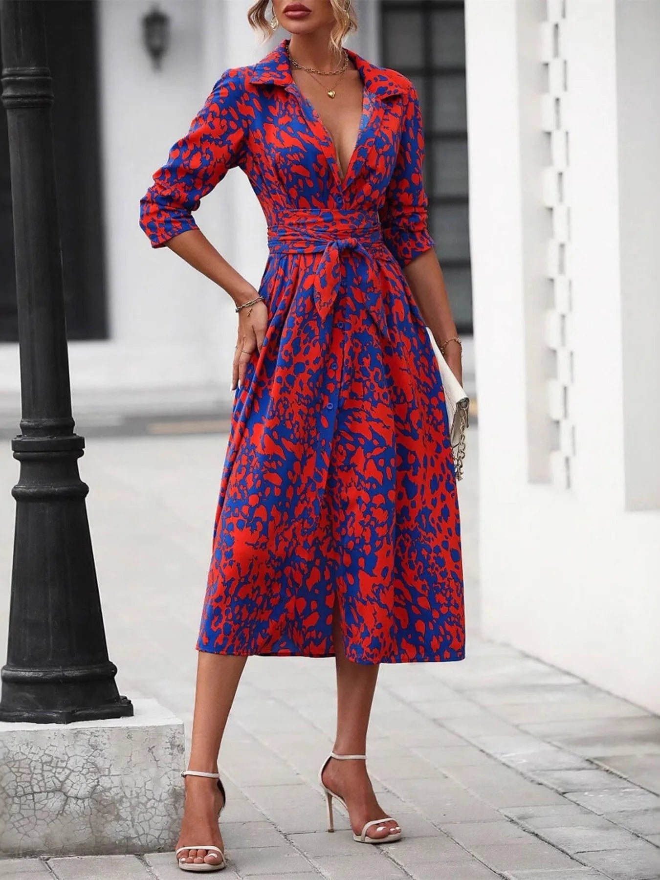 Printed Long Sleeve Shirt Dress - MAD RUFFI
