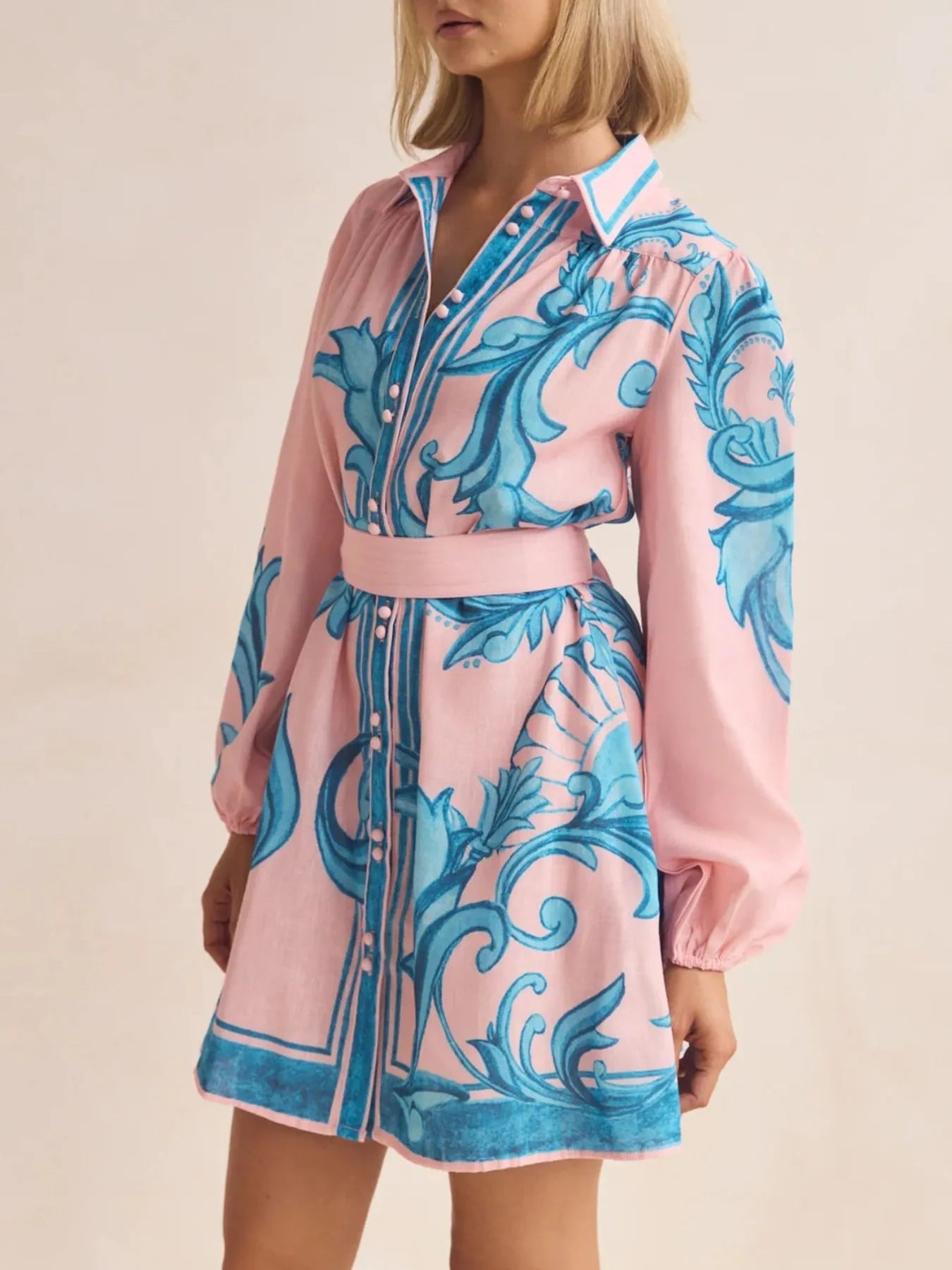 Printed Long Sleeve Shirt Dress - MAD RUFFI