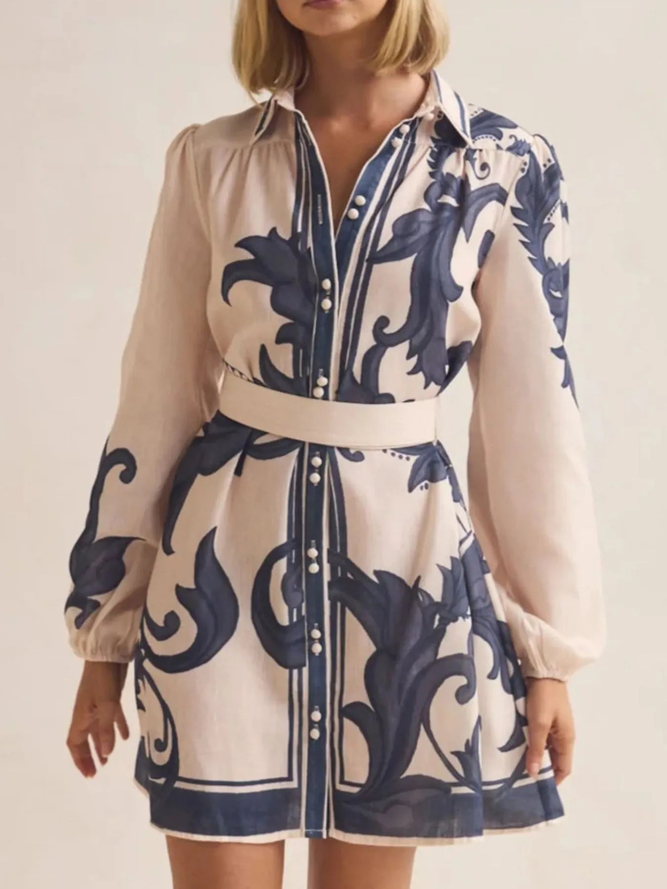 Printed Long Sleeve Shirt Dress - MAD RUFFI