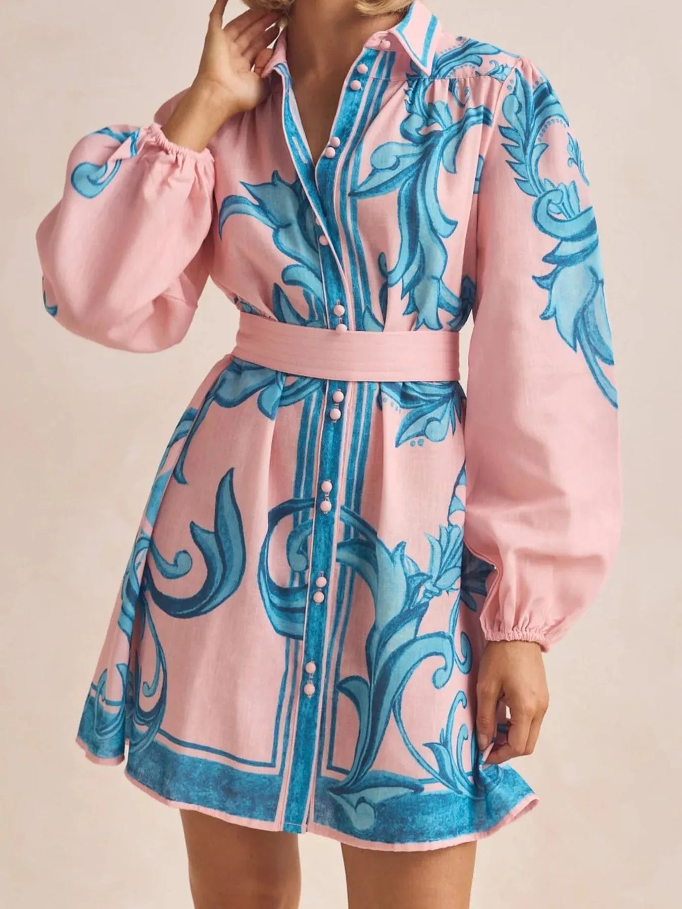 Printed Long Sleeve Shirt Dress - MAD RUFFI