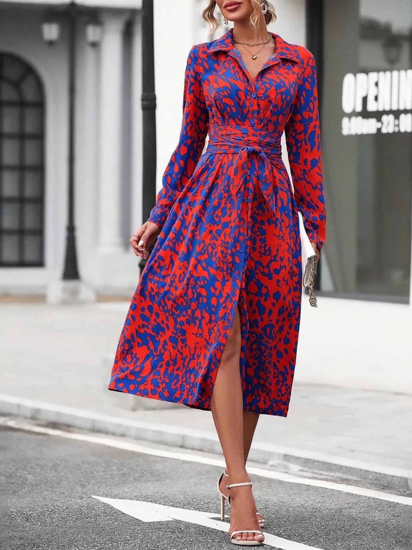 Printed Long Sleeve Shirt Dress - MAD RUFFI