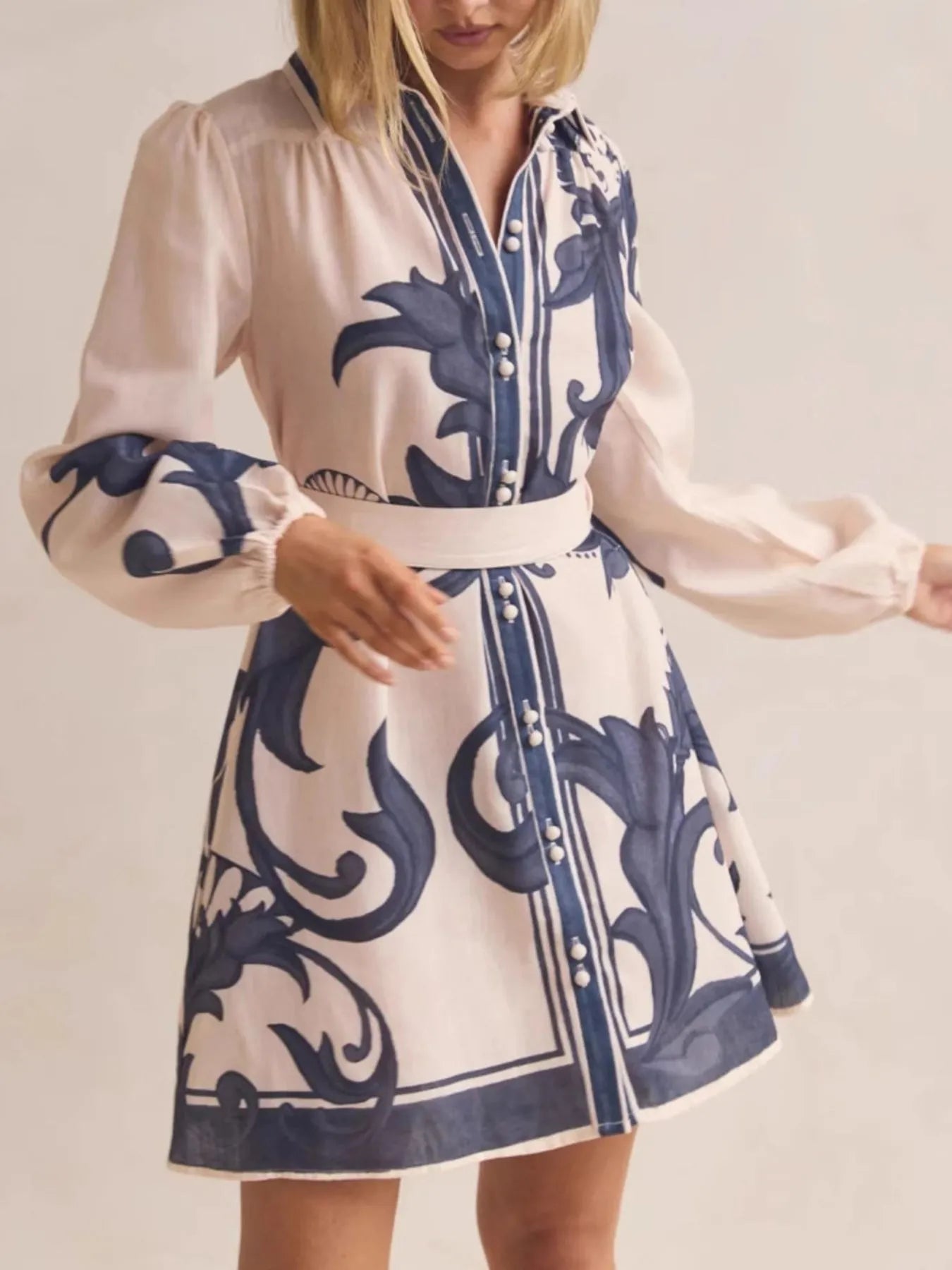 Printed Long Sleeve Shirt Dress - MAD RUFFI