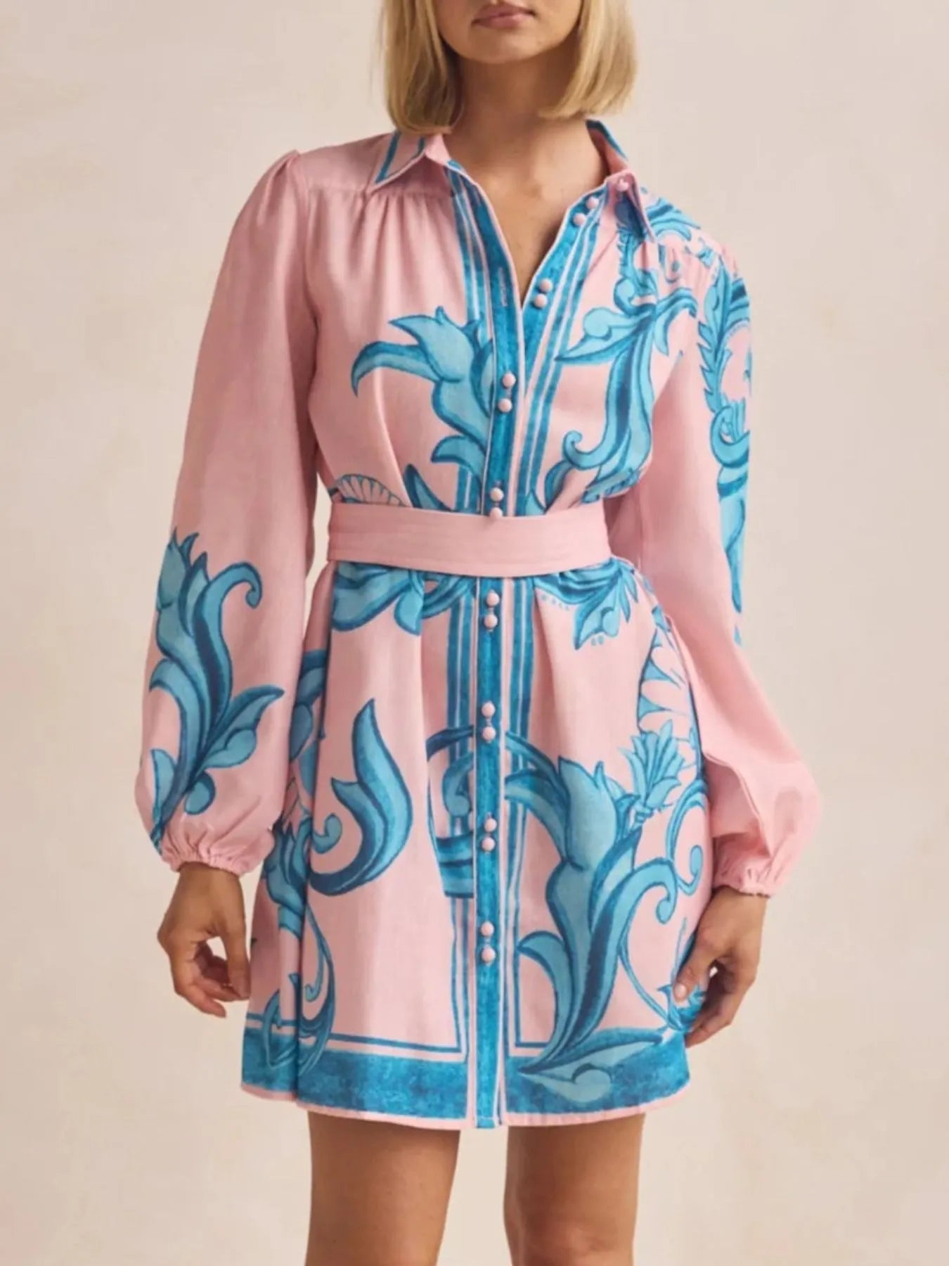 Printed Long Sleeve Shirt Dress - MAD RUFFI