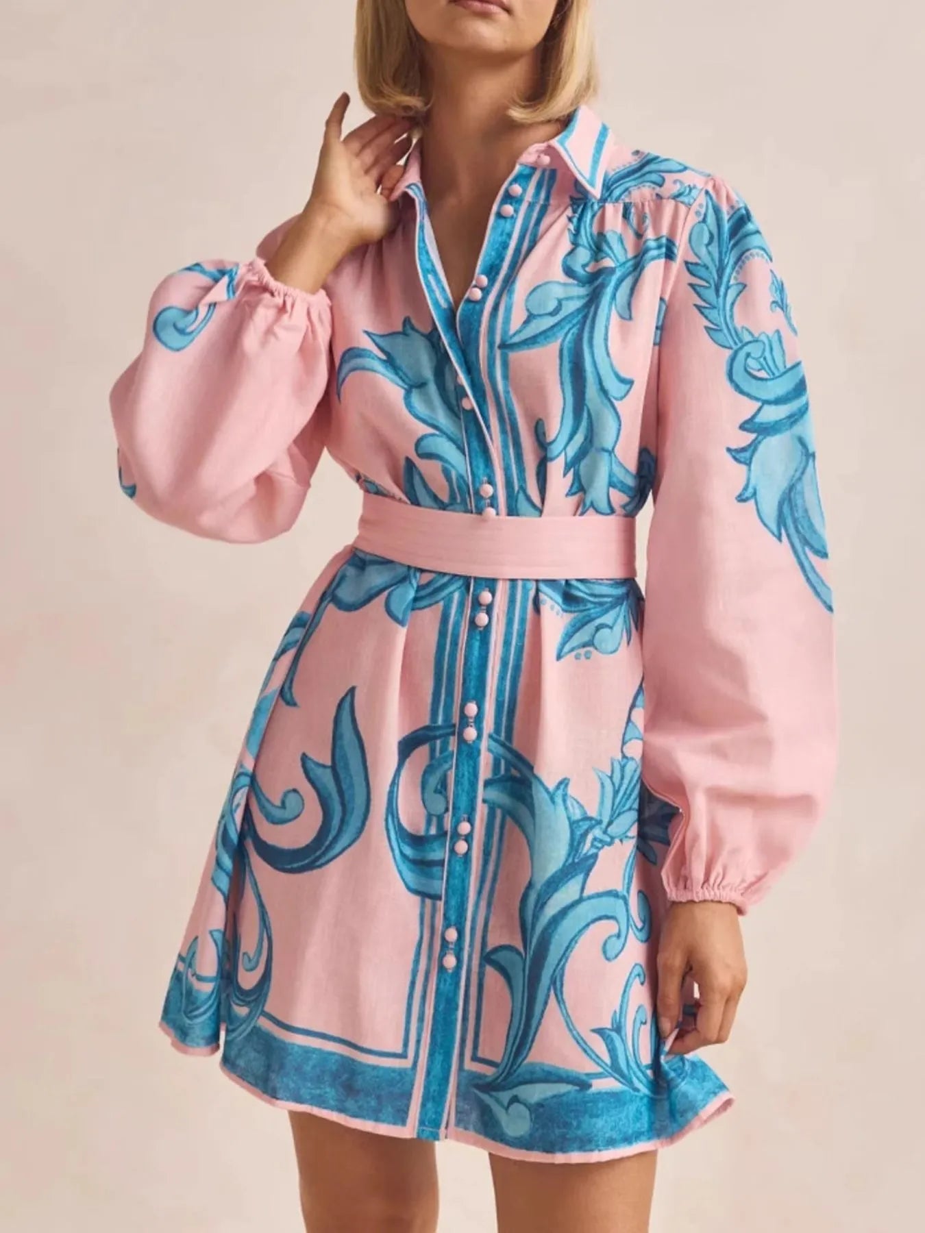 Printed Long Sleeve Shirt Dress - MAD RUFFI