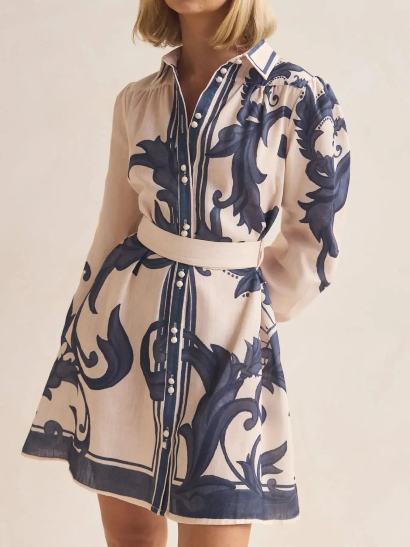 Printed Long Sleeve Shirt Dress - MAD RUFFI