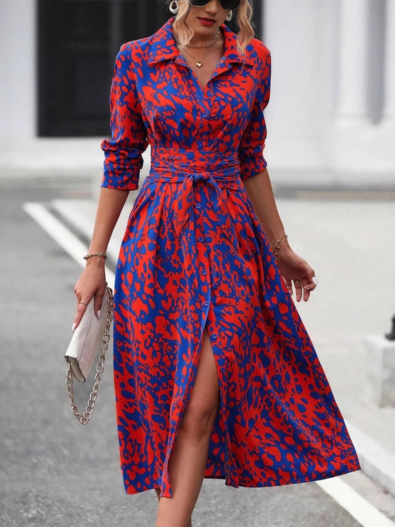 Printed Long Sleeve Shirt Dress - MAD RUFFI