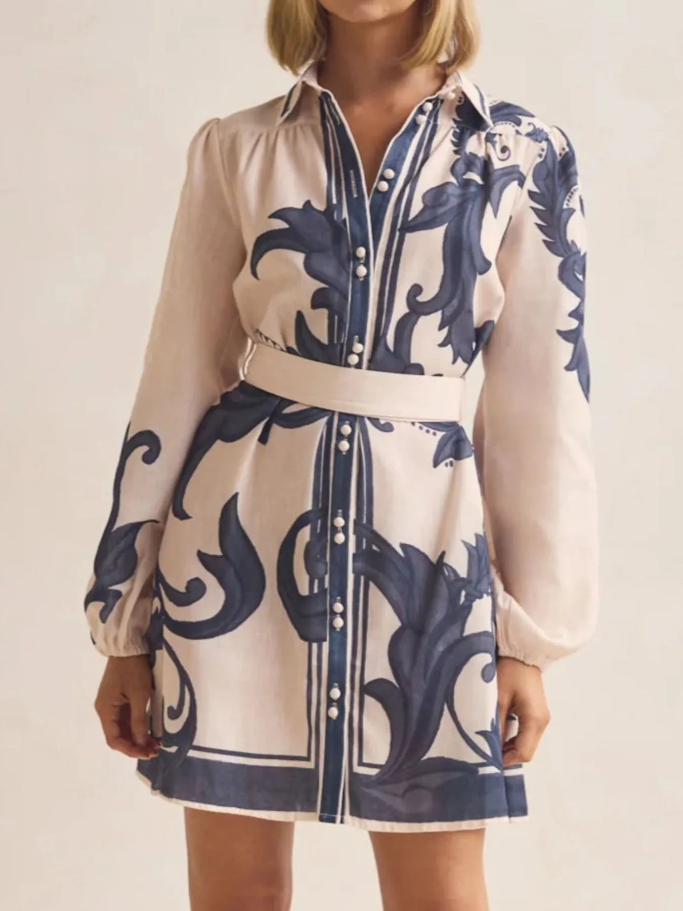 Printed Long Sleeve Shirt Dress - MAD RUFFI