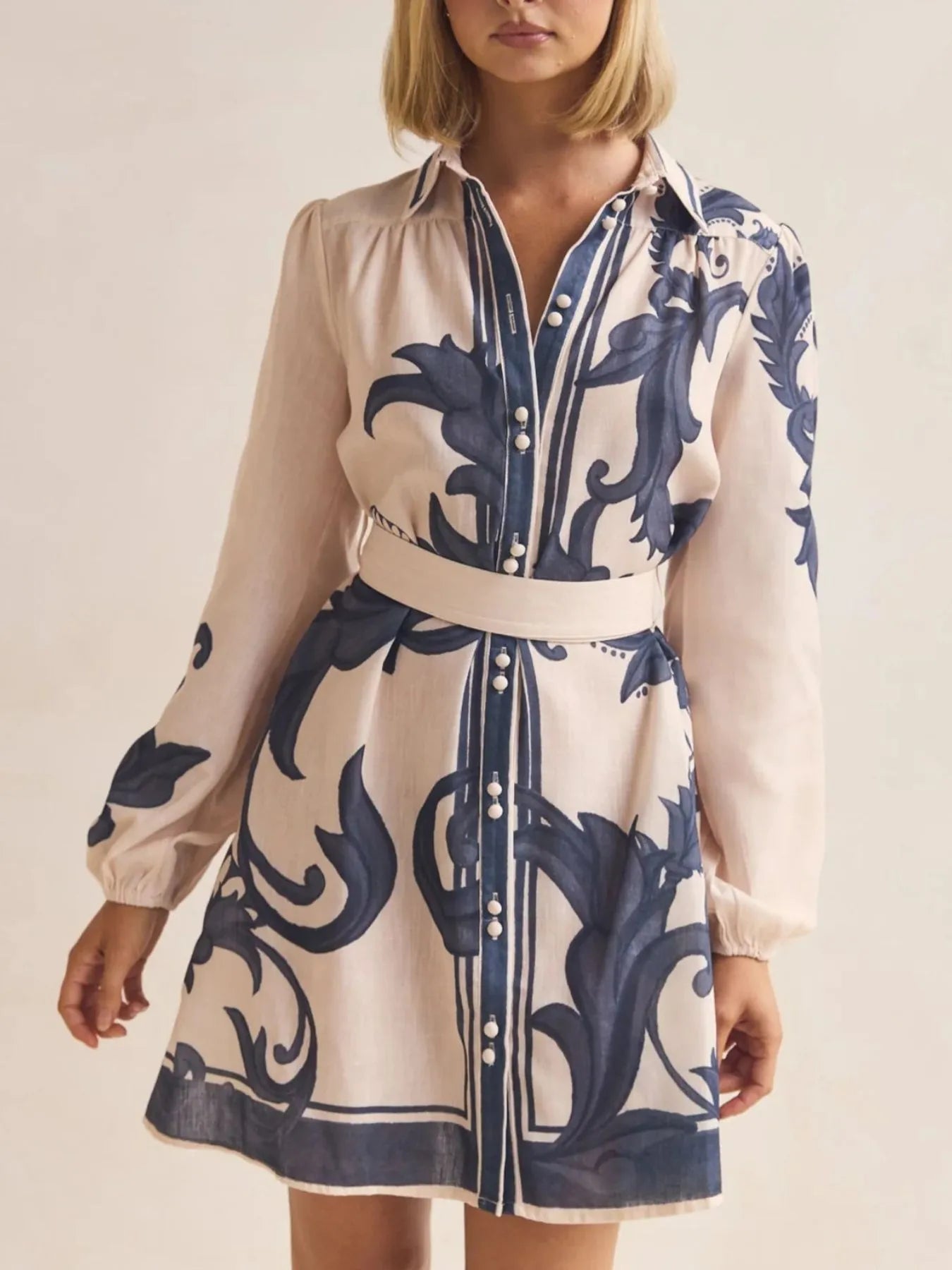 Printed Long Sleeve Shirt Dress - MAD RUFFI