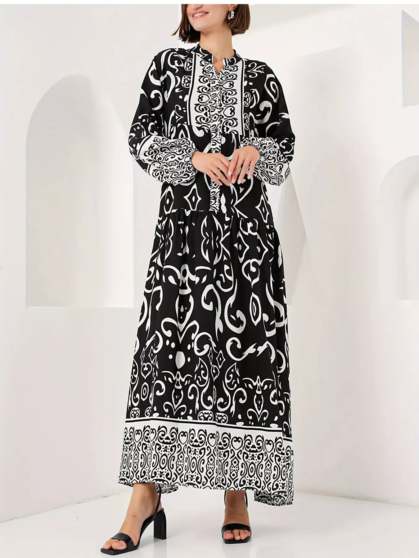 Printed Notched Balloon Sleeve Maxi Dress - MAD RUFFI