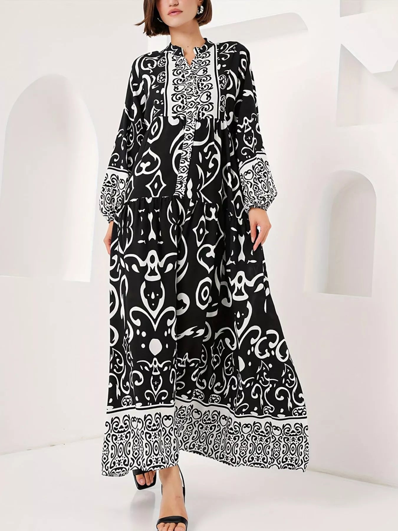 Printed Notched Balloon Sleeve Maxi Dress - MAD RUFFI