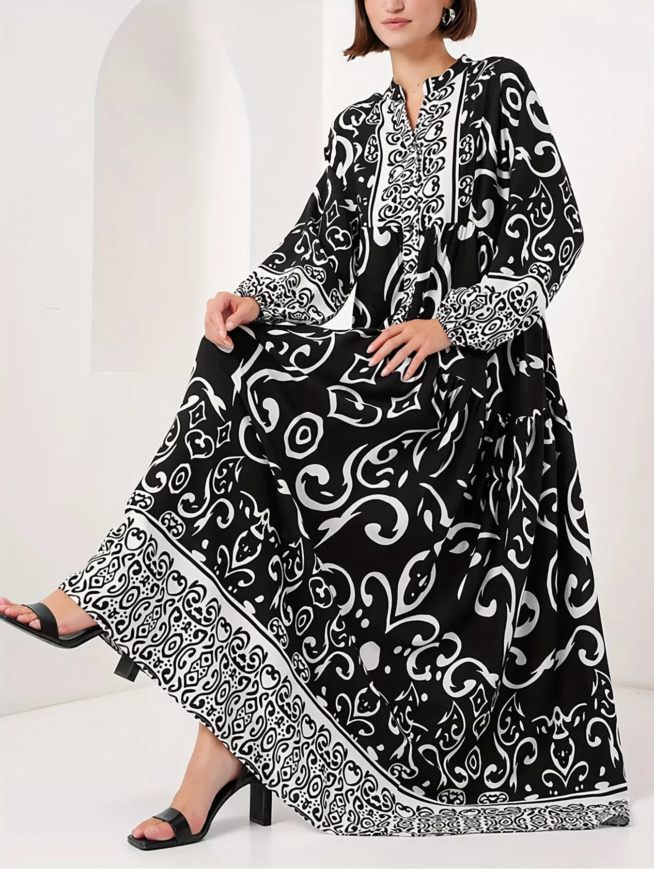 Printed Notched Balloon Sleeve Maxi Dress - MAD RUFFI