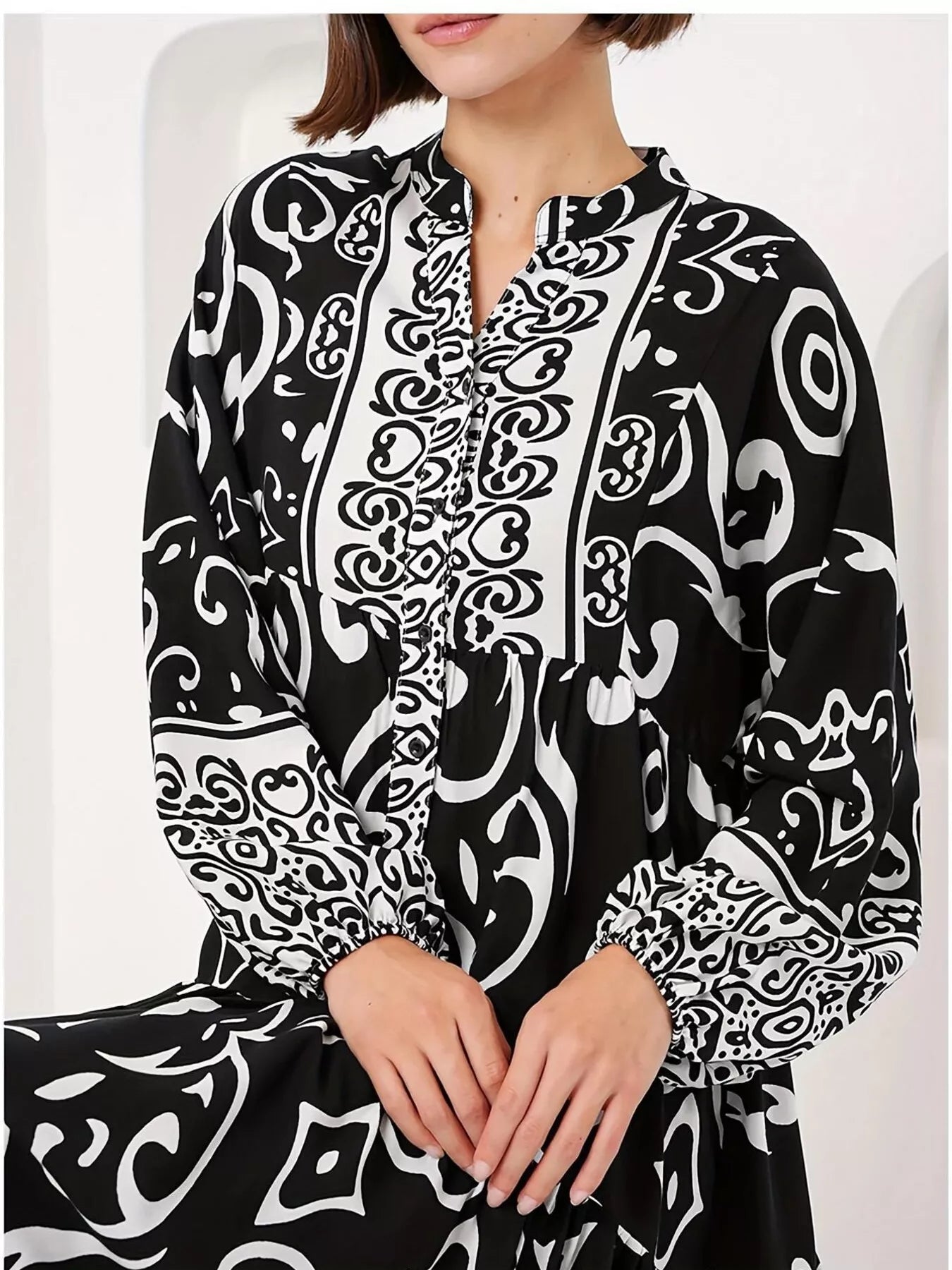 Printed Notched Balloon Sleeve Maxi Dress - MAD RUFFI