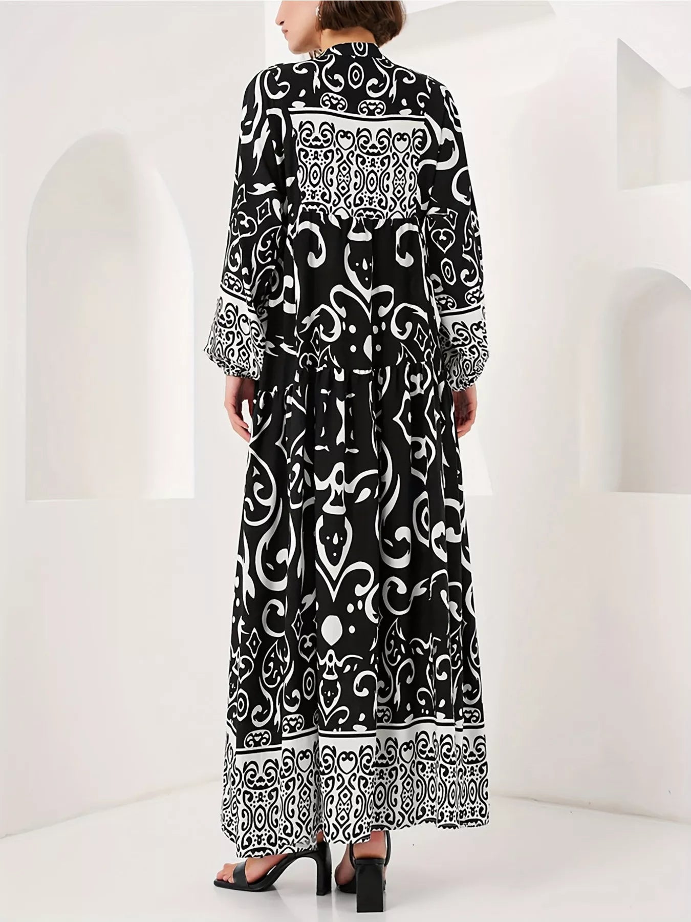 Printed Notched Balloon Sleeve Maxi Dress - MAD RUFFI