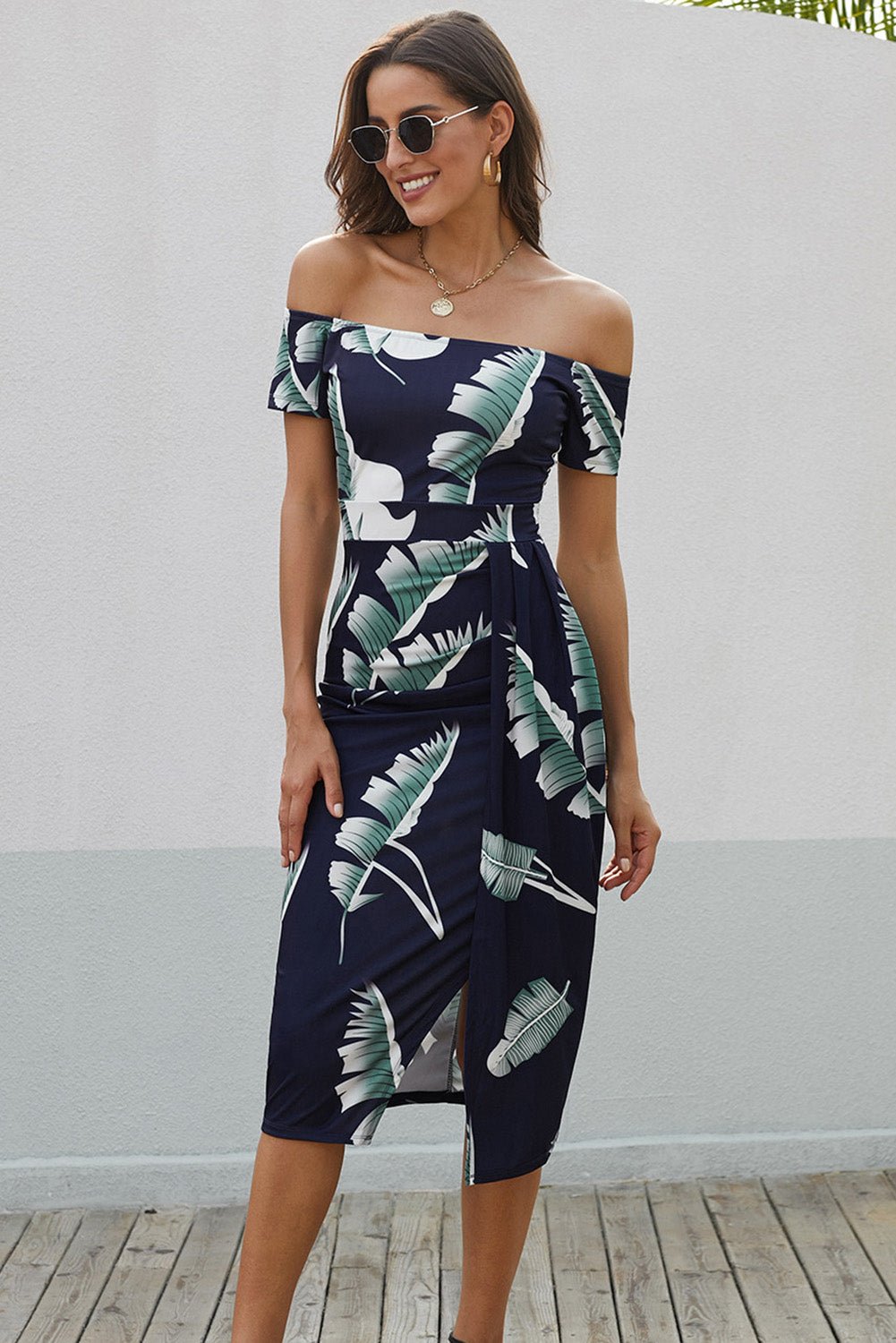 Printed Off - Shoulder Split Dress - MAD RUFFI