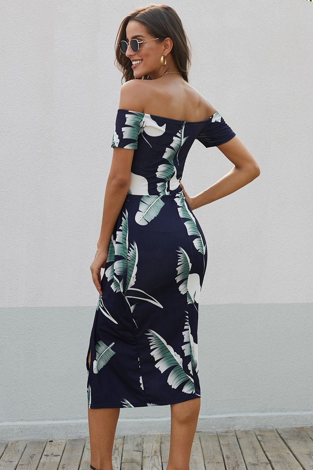 Printed Off - Shoulder Split Dress - MAD RUFFI