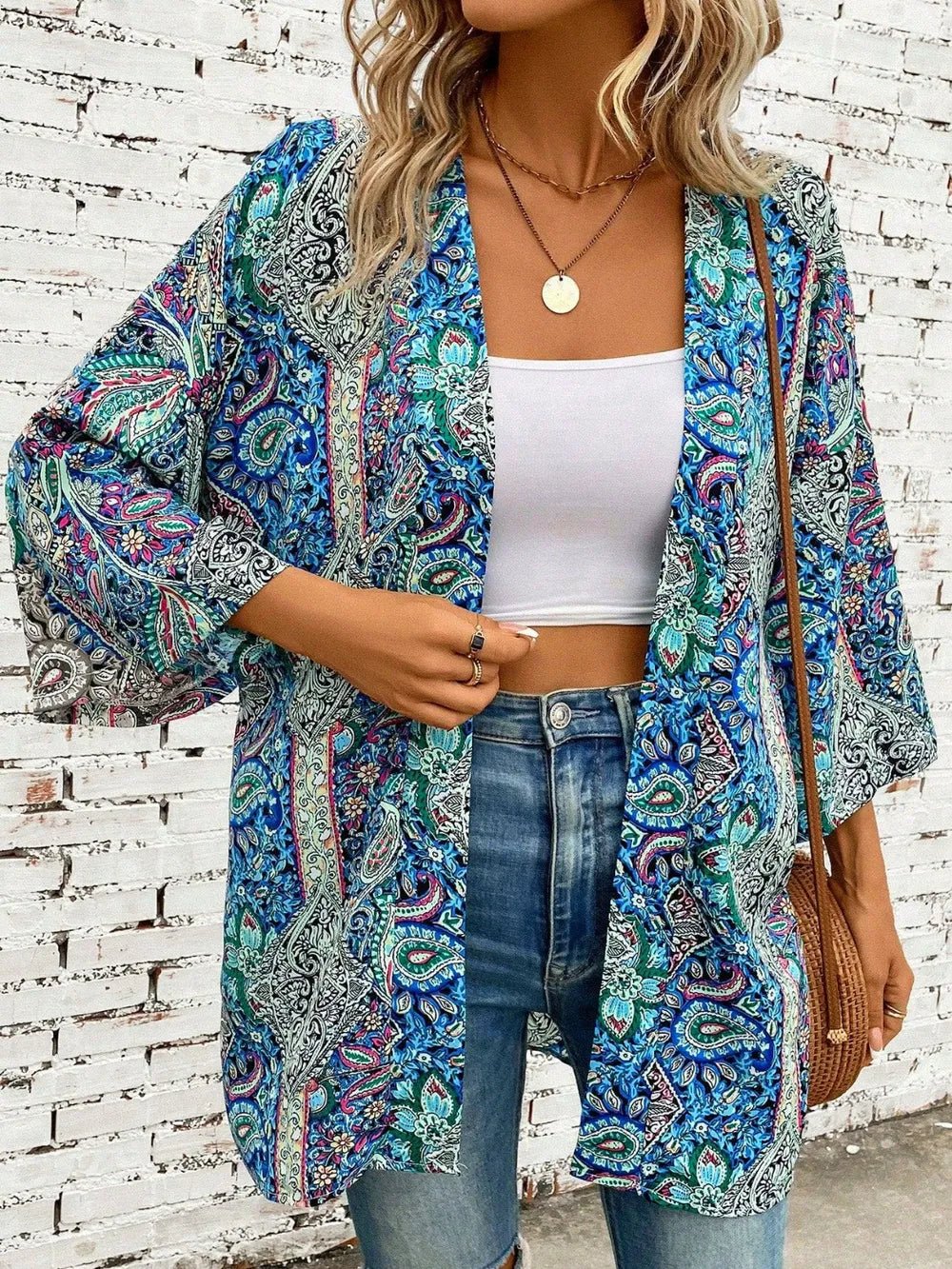 Printed Open Front Three - Quarter Sleeve Cover Up - MAD RUFFI