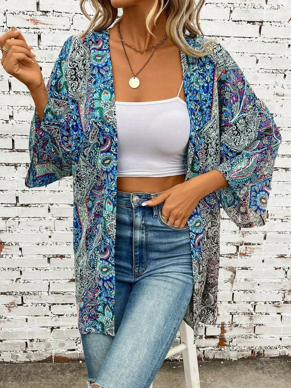 Printed Open Front Three - Quarter Sleeve Cover Up - MAD RUFFI