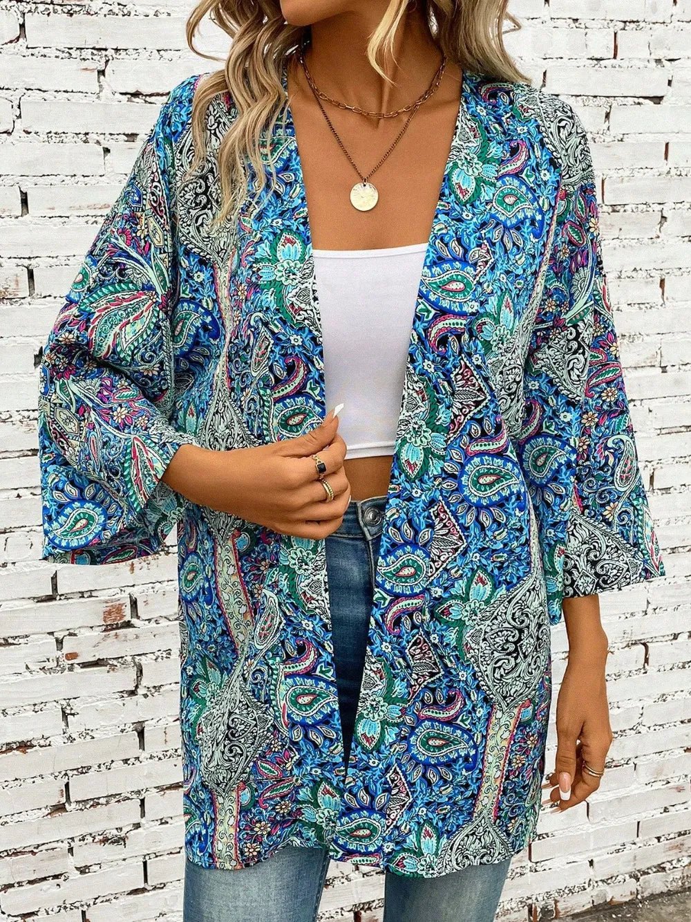 Printed Open Front Three - Quarter Sleeve Cover Up - MAD RUFFI