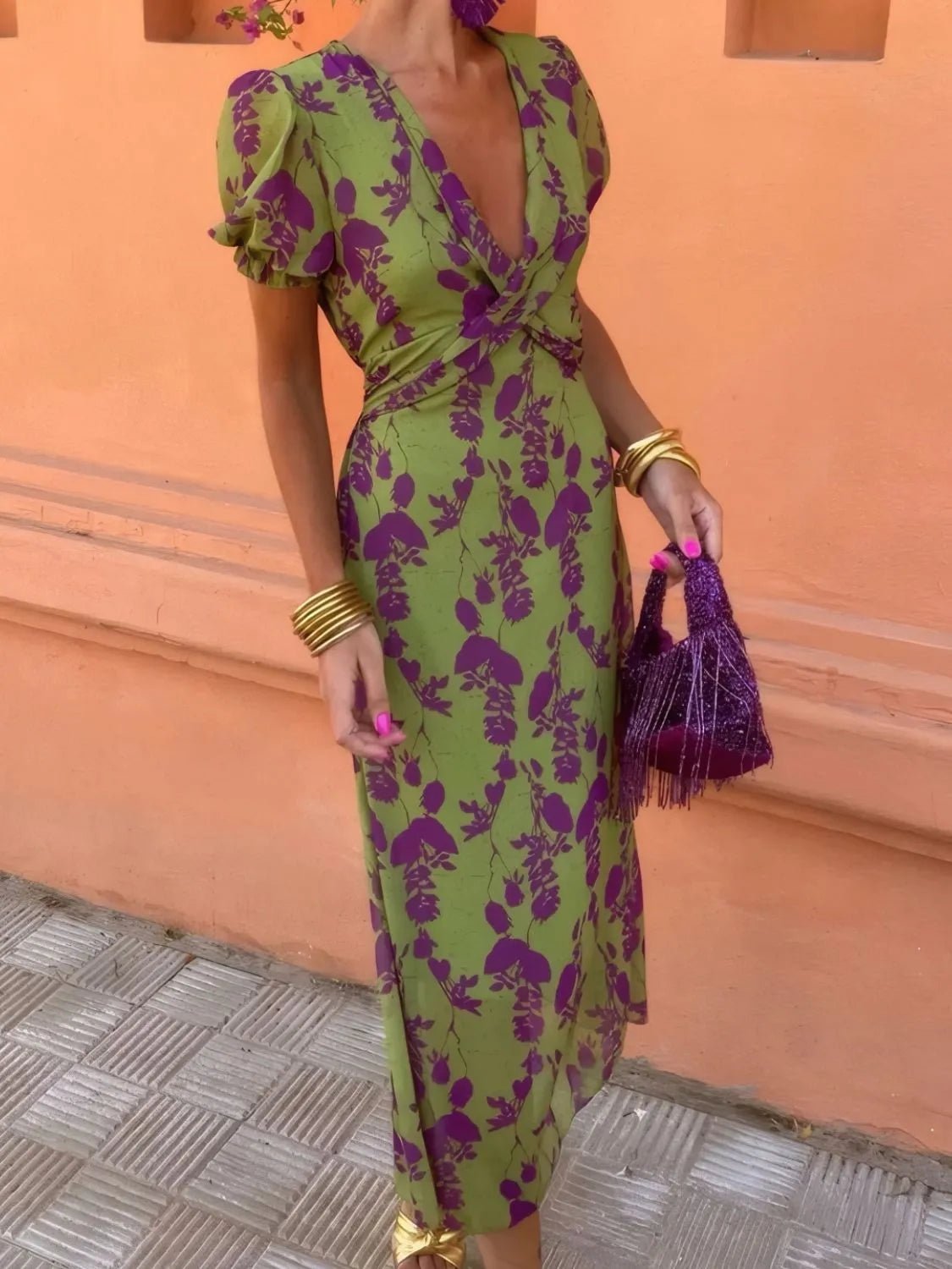 Printed Plunge Short Sleeve Midi Dress - MAD RUFFI