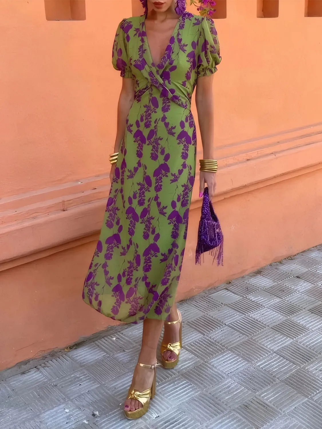 Printed Plunge Short Sleeve Midi Dress - MAD RUFFI