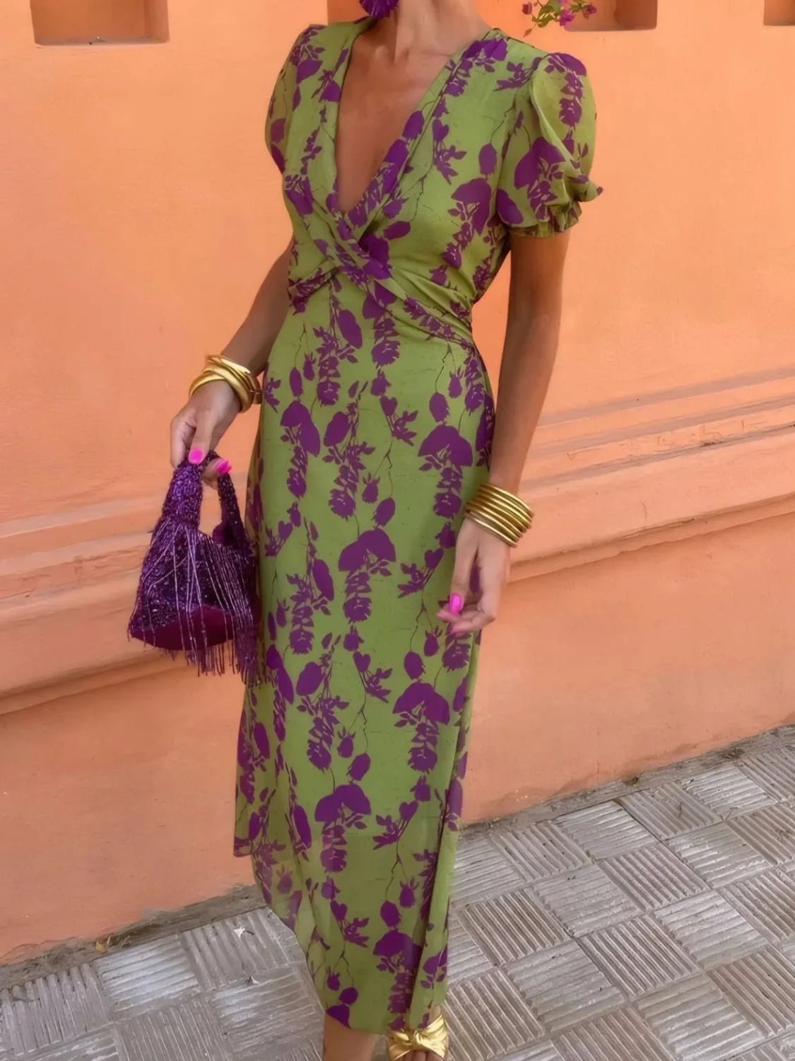 Printed Plunge Short Sleeve Midi Dress - MAD RUFFI