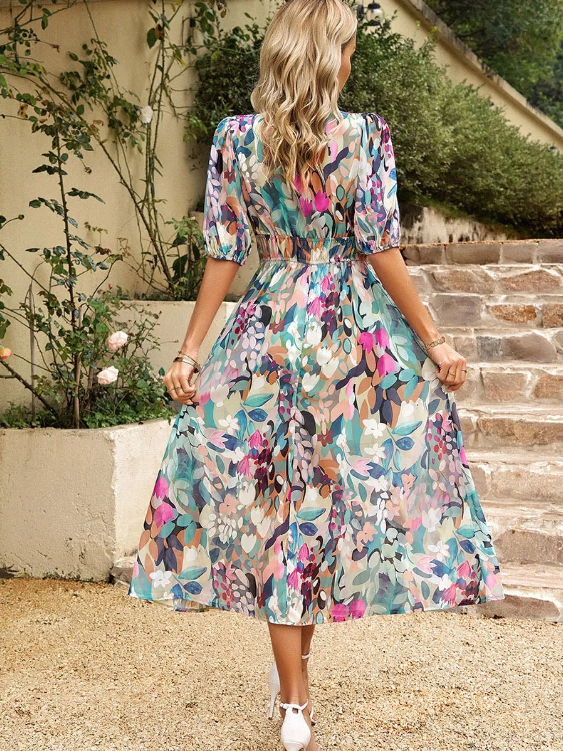 Printed Puff Sleeve Midi Dress - MAD RUFFI
