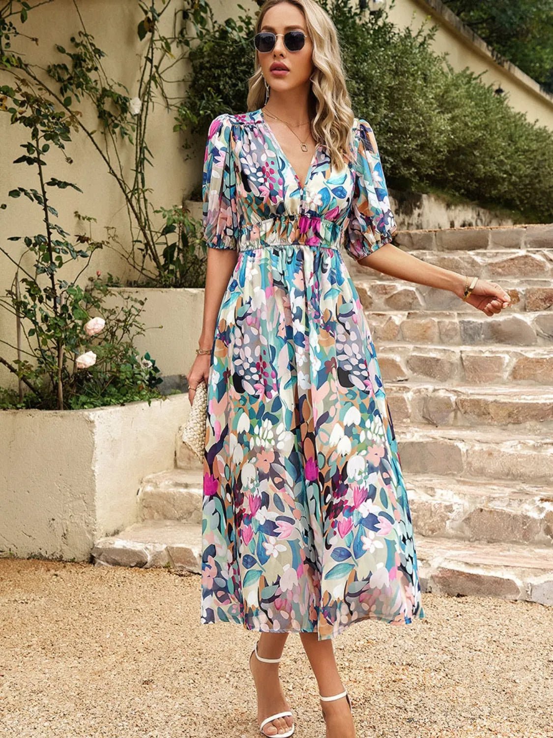 Printed Puff Sleeve Midi Dress - MAD RUFFI