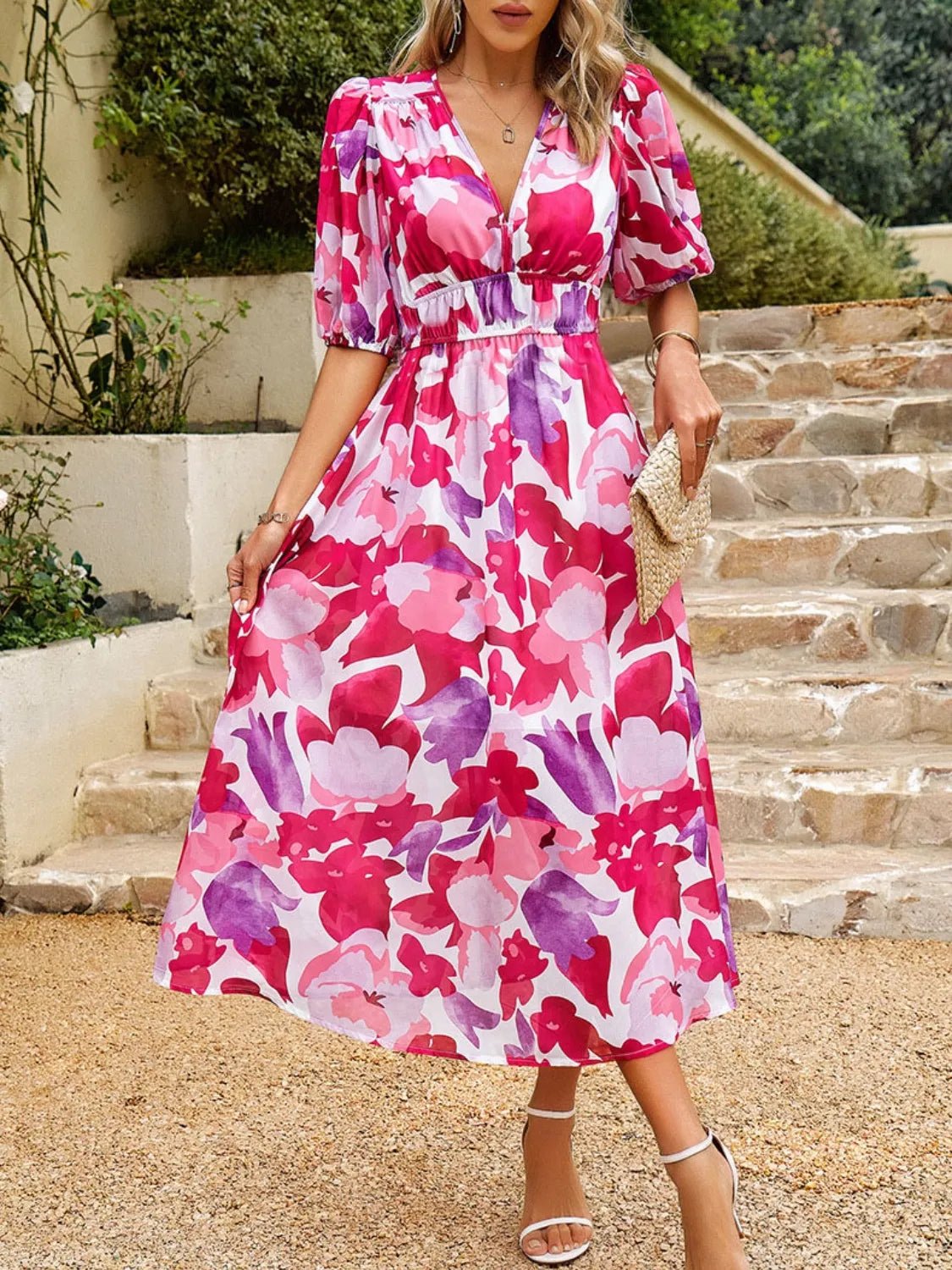 Printed Puff Sleeve Midi Dress - MAD RUFFI