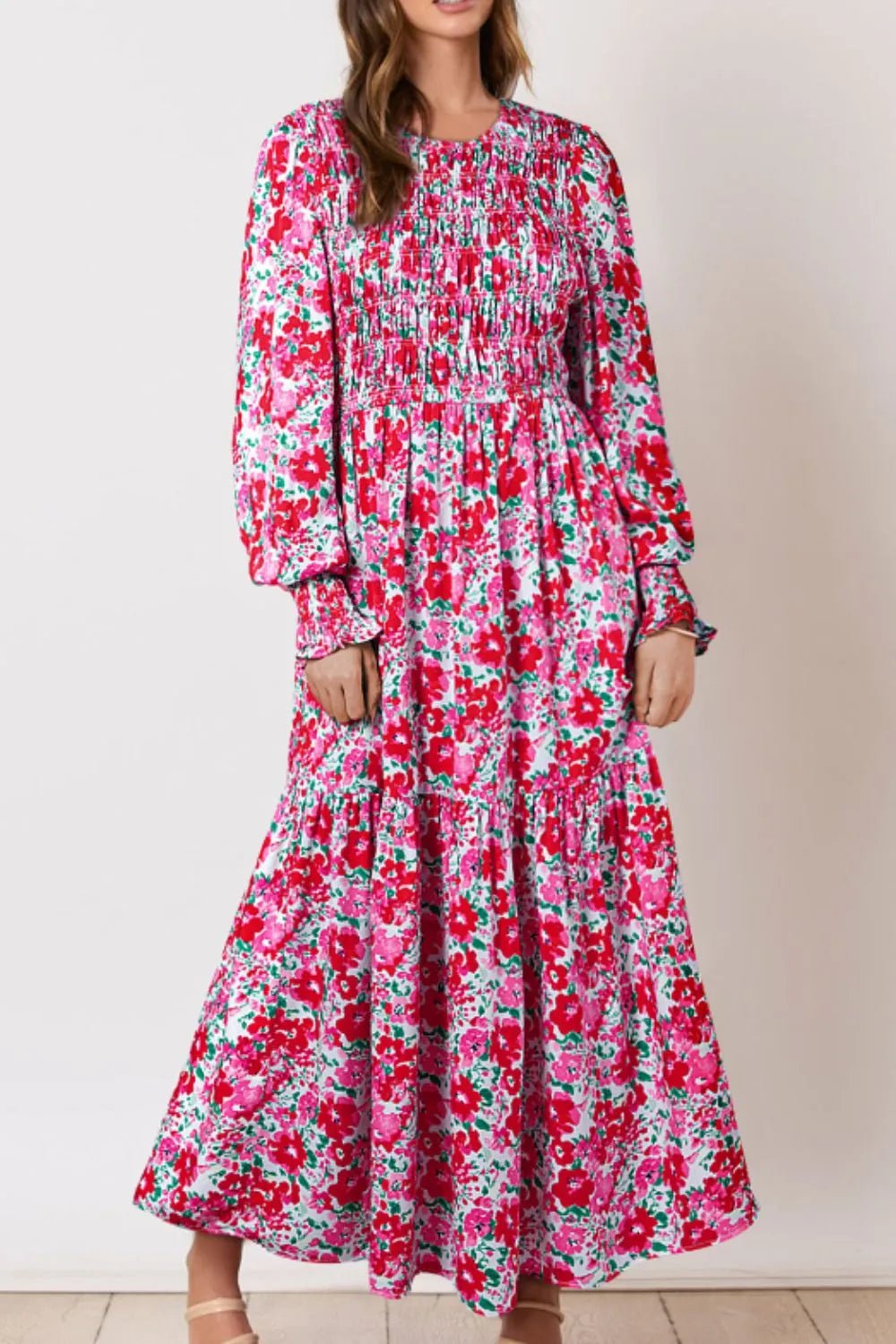 Printed Round Neck Lantern Sleeve Maxi Dress - MAD RUFFI