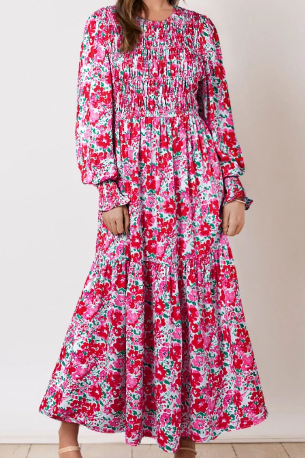 Printed Round Neck Lantern Sleeve Maxi Dress - MAD RUFFI