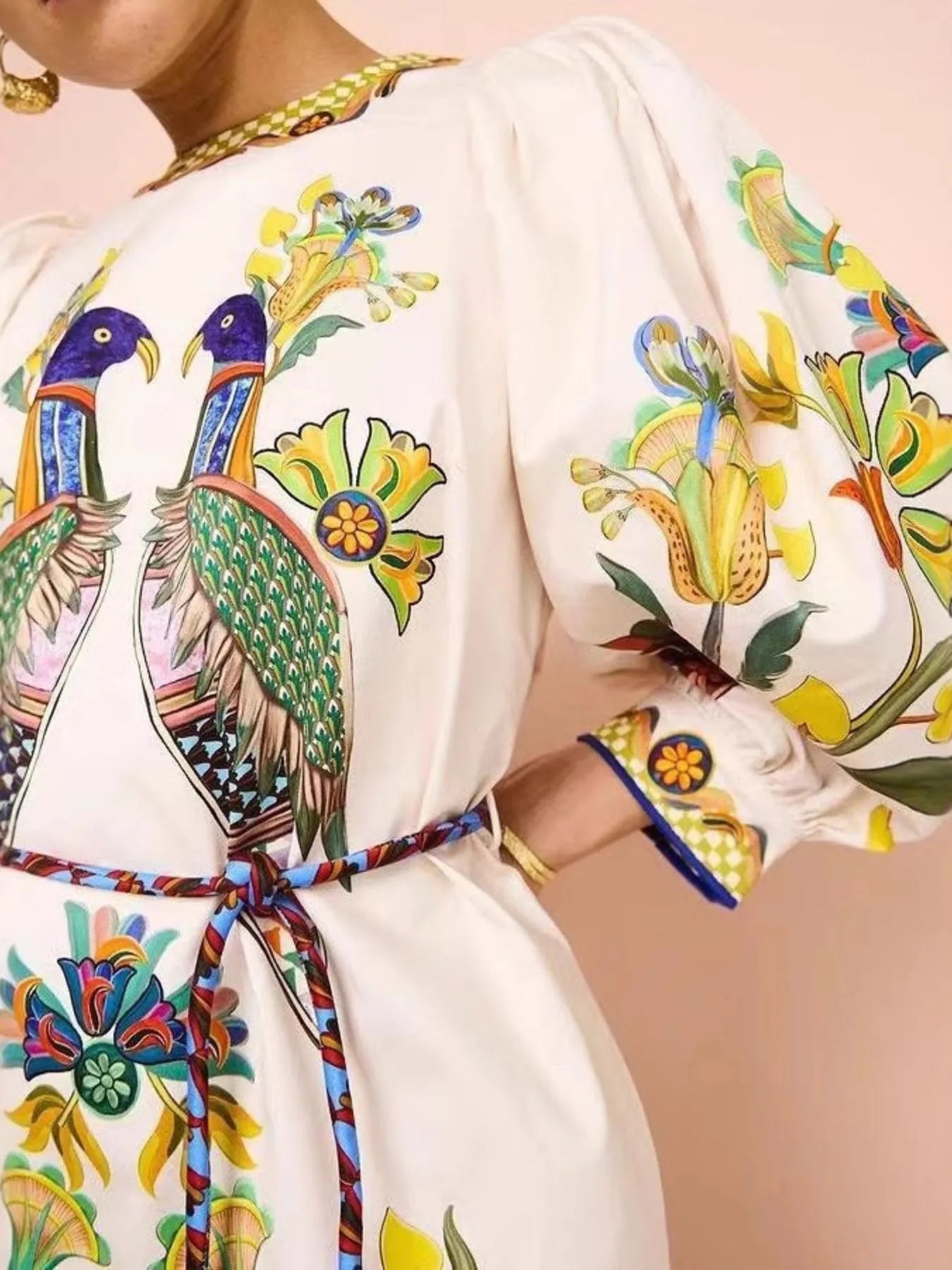 Printed Round Neck Puff Sleeve Dress - MAD RUFFI