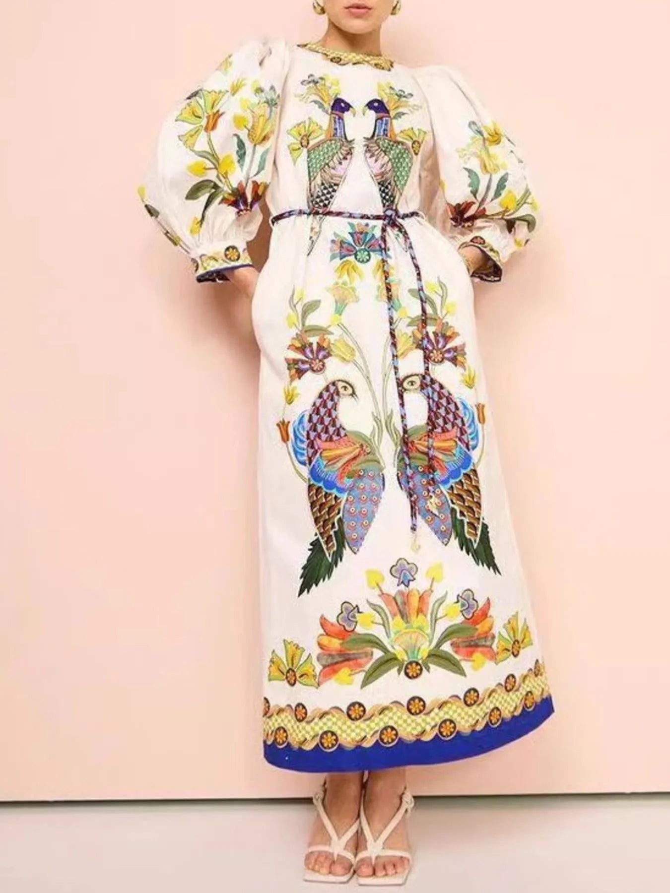 Printed Round Neck Puff Sleeve Dress - MAD RUFFI