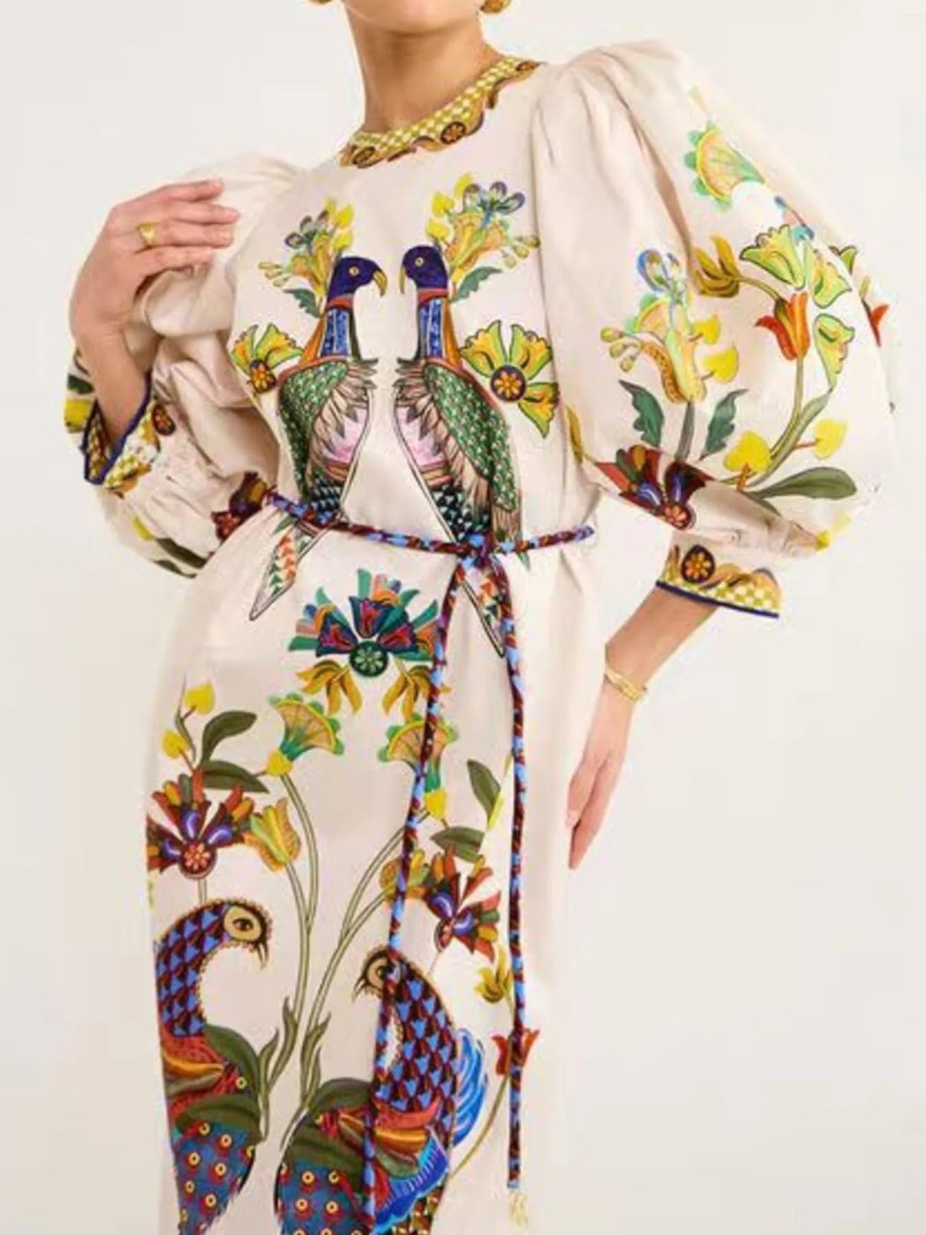 Printed Round Neck Puff Sleeve Dress - MAD RUFFI