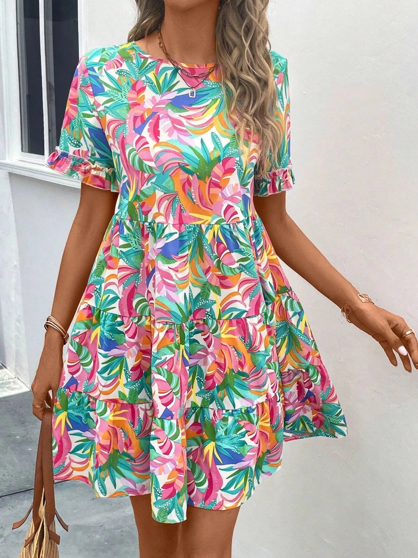 Printed Round Neck Short Sleeve Dress - MAD RUFFI