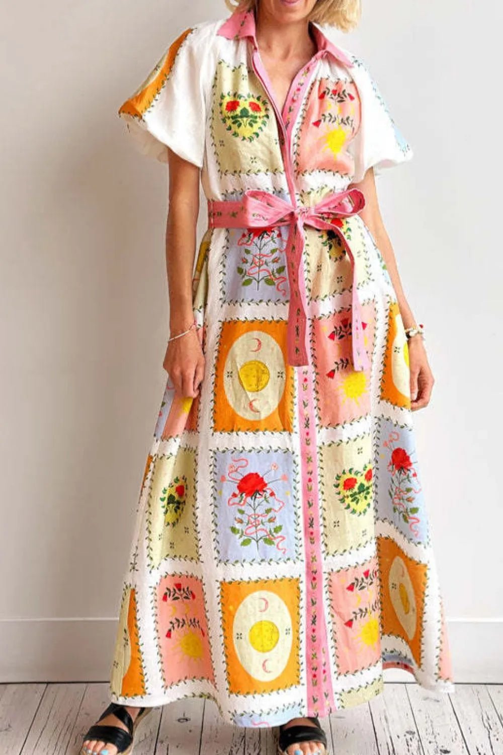 Printed Short Sleeve Belted Maxi Dress - MAD RUFFI