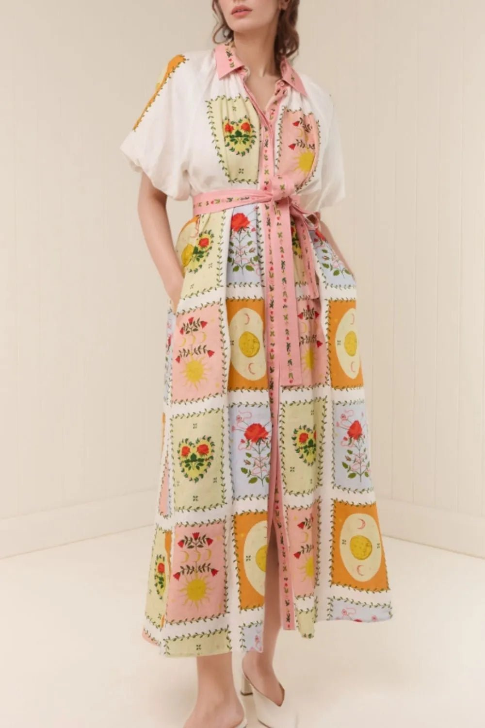 Printed Short Sleeve Belted Maxi Dress - MAD RUFFI