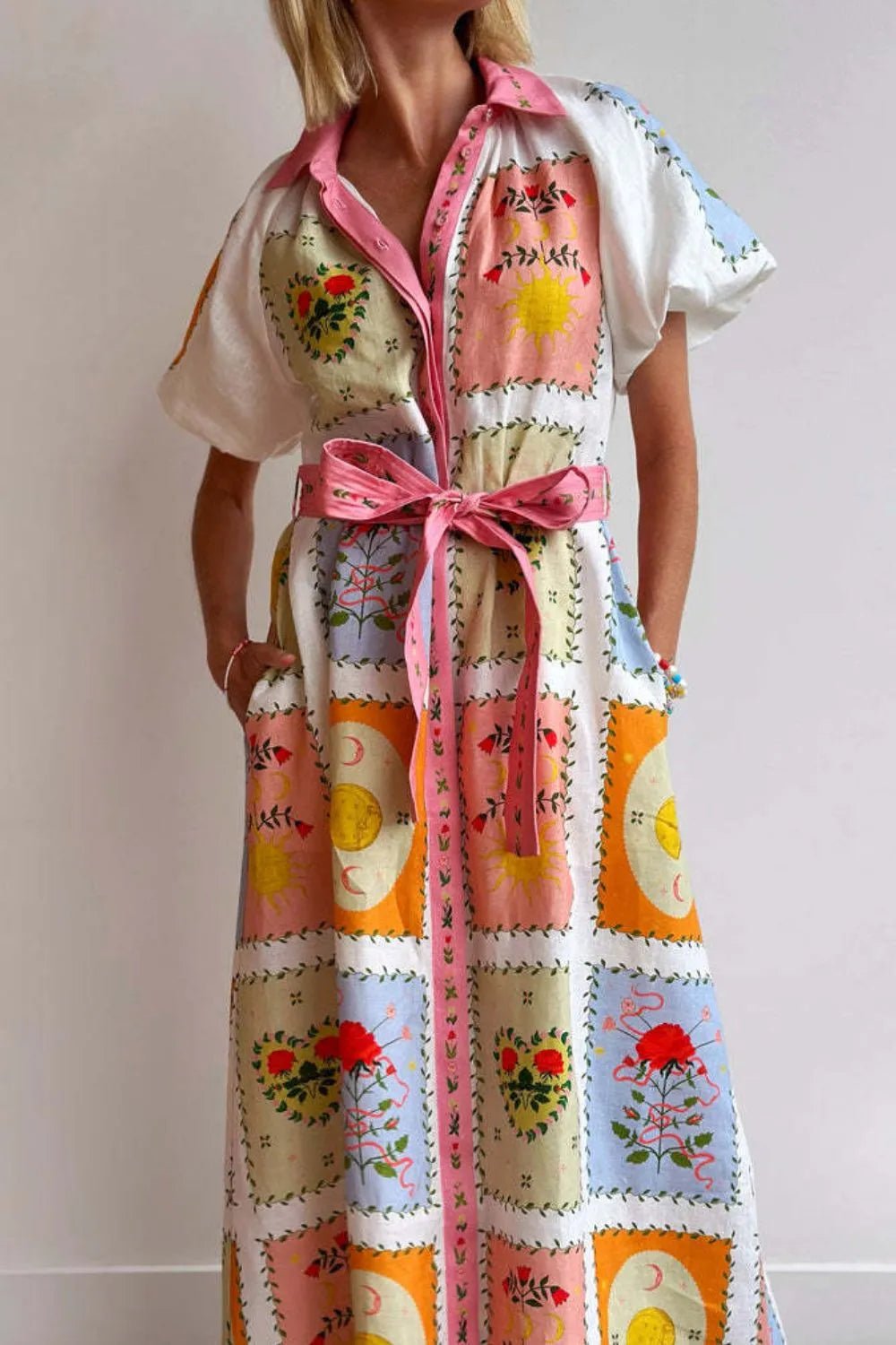 Printed Short Sleeve Belted Maxi Dress - MAD RUFFI